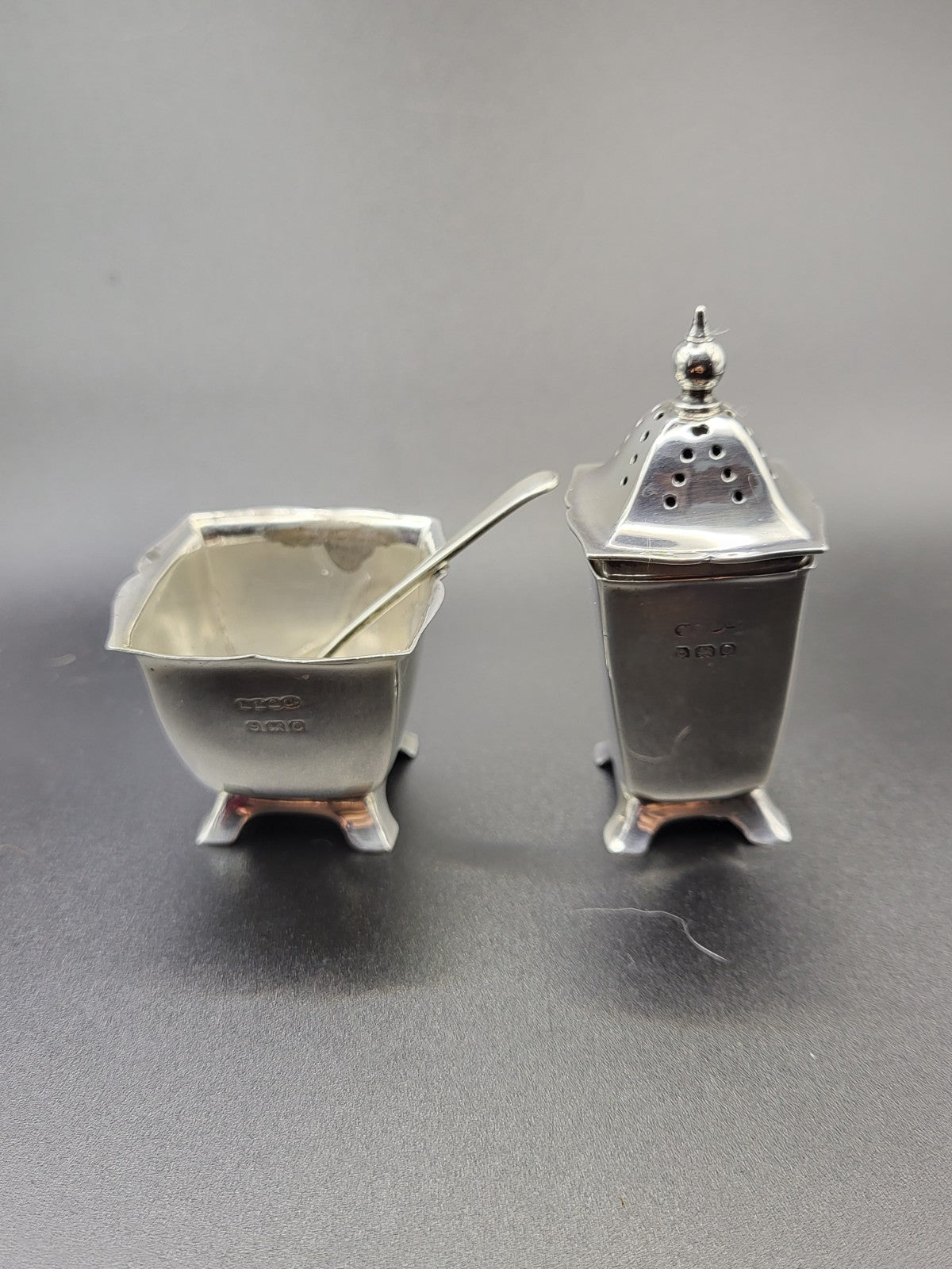 Hallmarked Sterling Silver Salt  Pepper Set 1938 Birmingham 1924 Sheffield Spoon