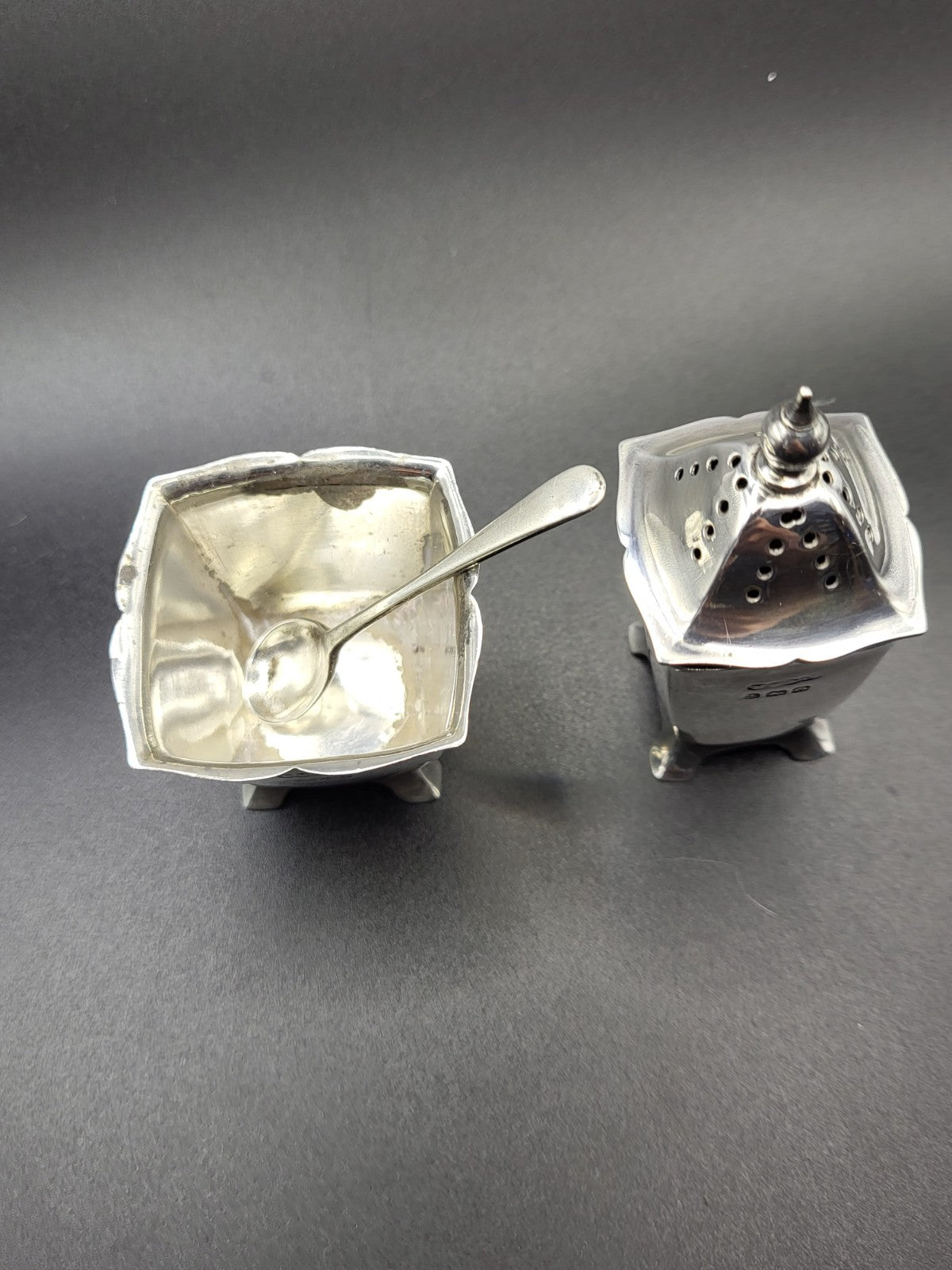 Hallmarked Sterling Silver Salt  Pepper Set 1938 Birmingham 1924 Sheffield Spoon