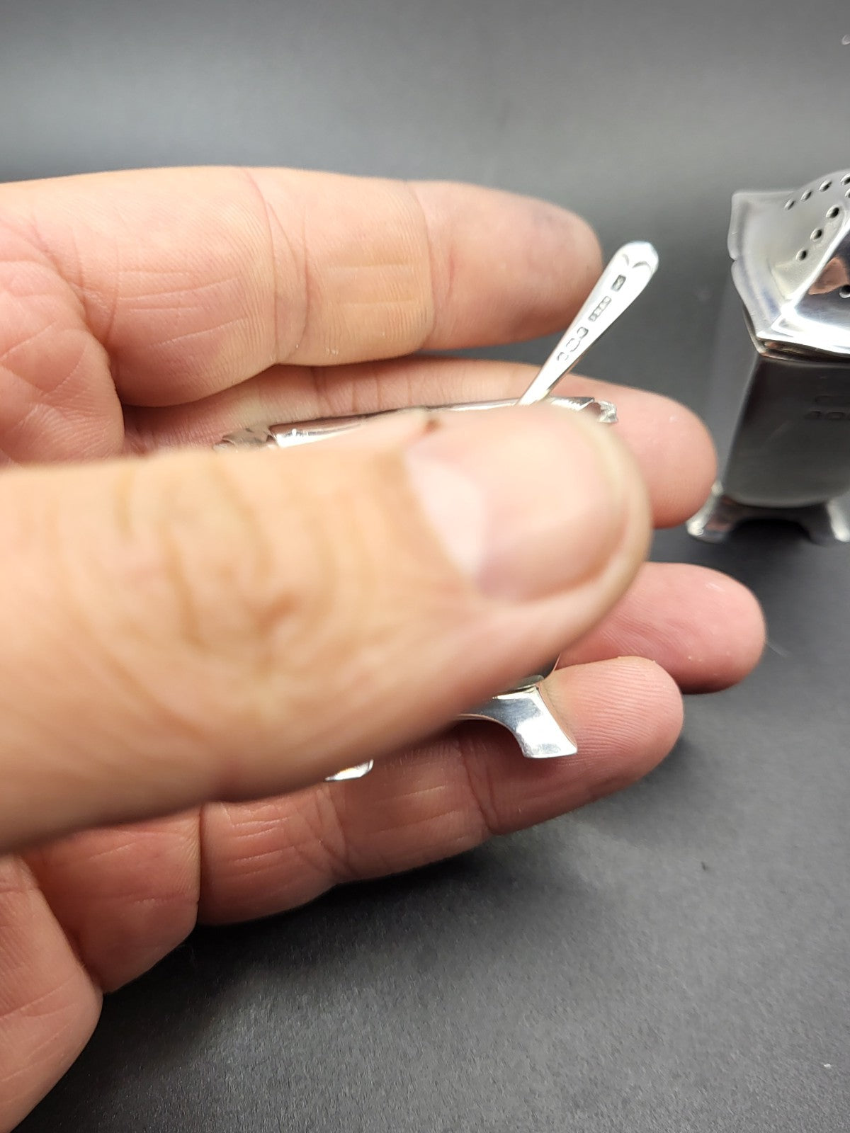 Hallmarked Sterling Silver Salt  Pepper Set 1938 Birmingham 1924 Sheffield Spoon