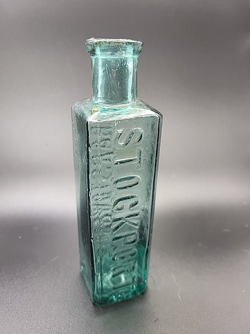 Antique E Barstow & Sons Stockport Chemist Bottle c1880 Embossed Aqua Glass