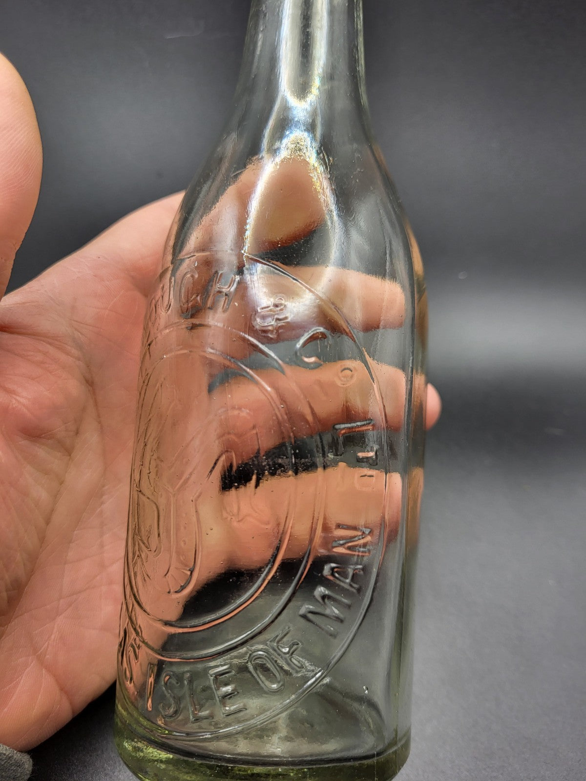 Antique Qualtrough & Co Douglas Isle of Man Bottle Embossed 3 Legs c1900