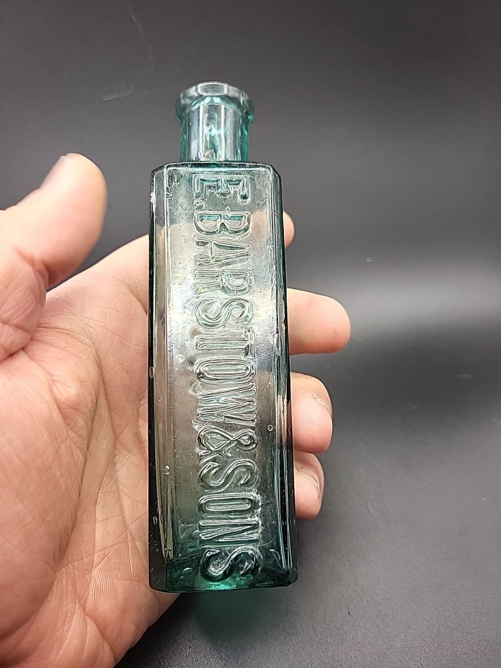 Antique E Barstow & Sons Stockport Chemist Bottle c1880 Embossed Aqua Glass