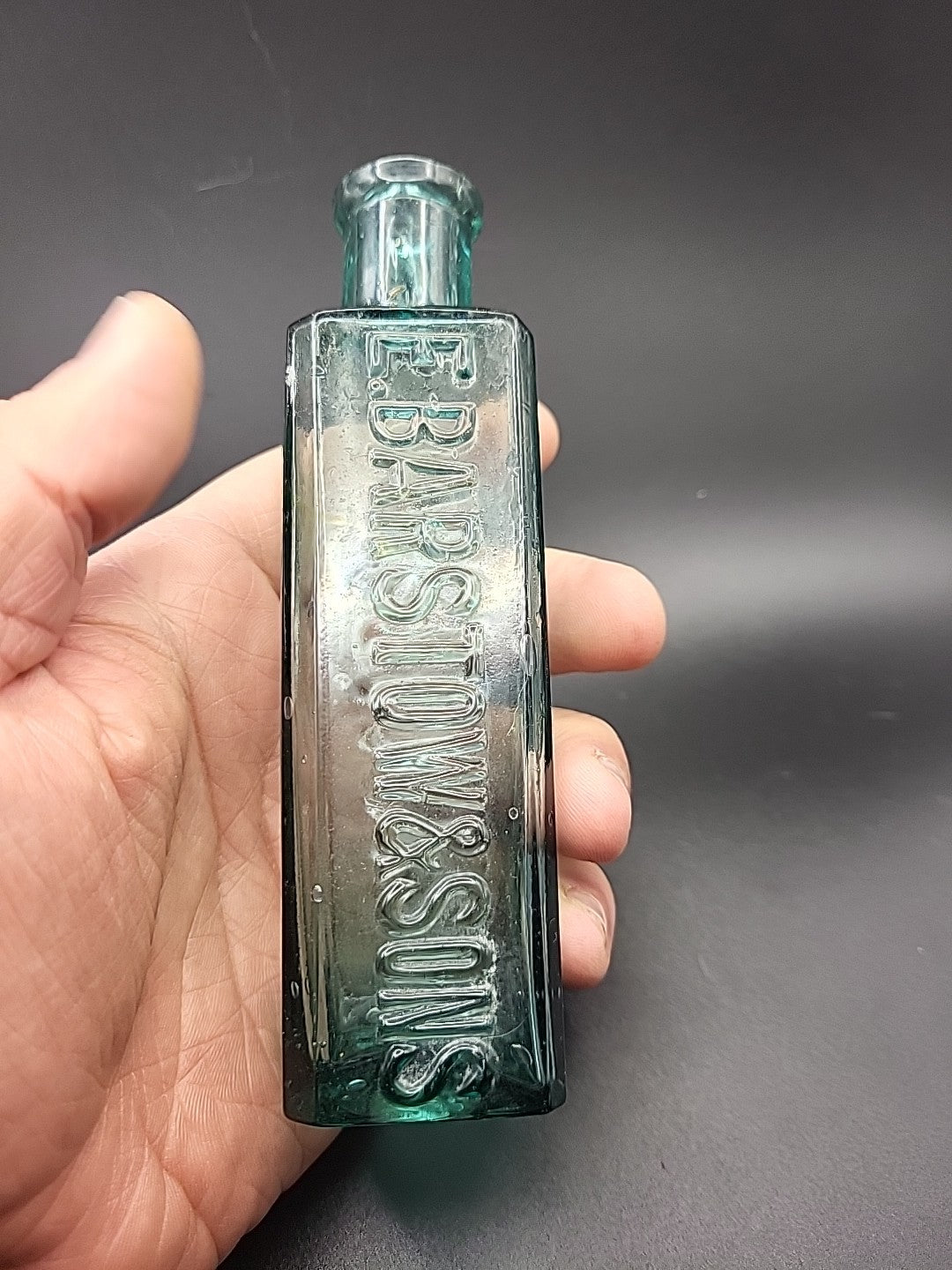 Antique E Barstow & Sons Stockport Chemist Bottle c1880 Embossed Aqua Glass