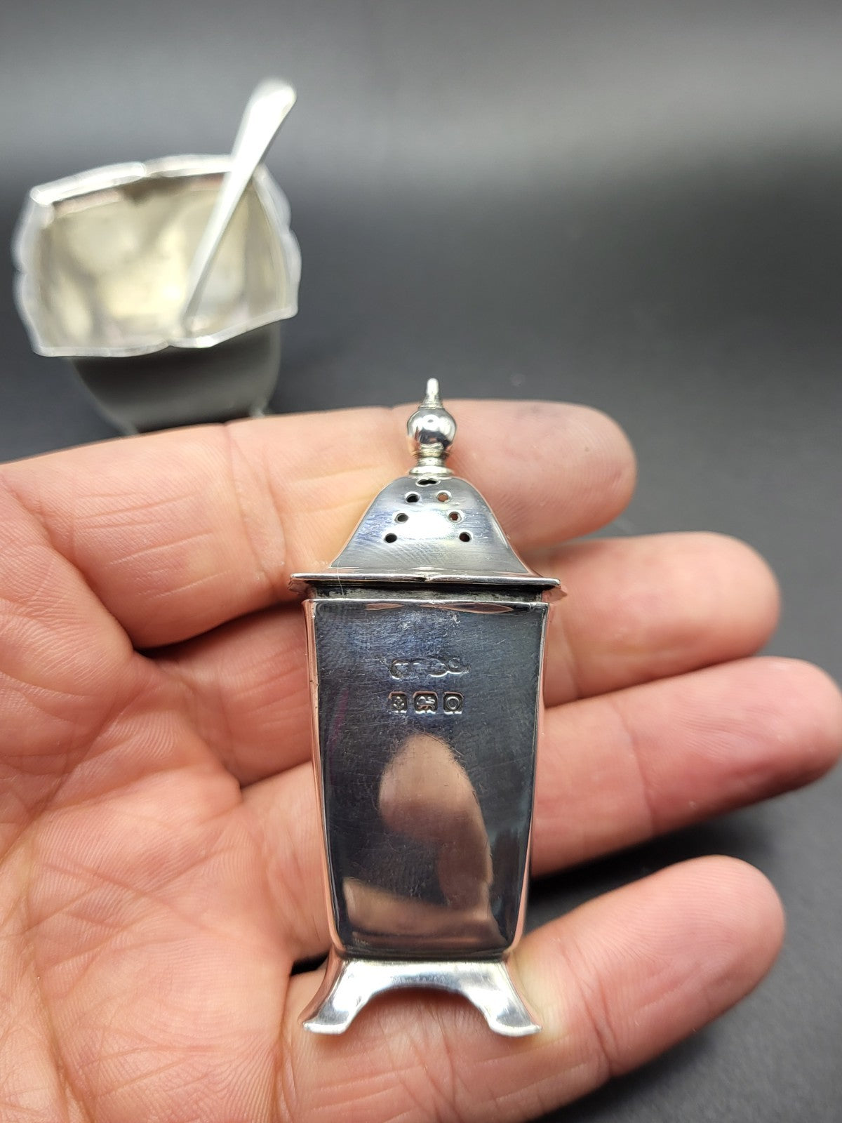 Hallmarked Sterling Silver Salt  Pepper Set 1938 Birmingham 1924 Sheffield Spoon