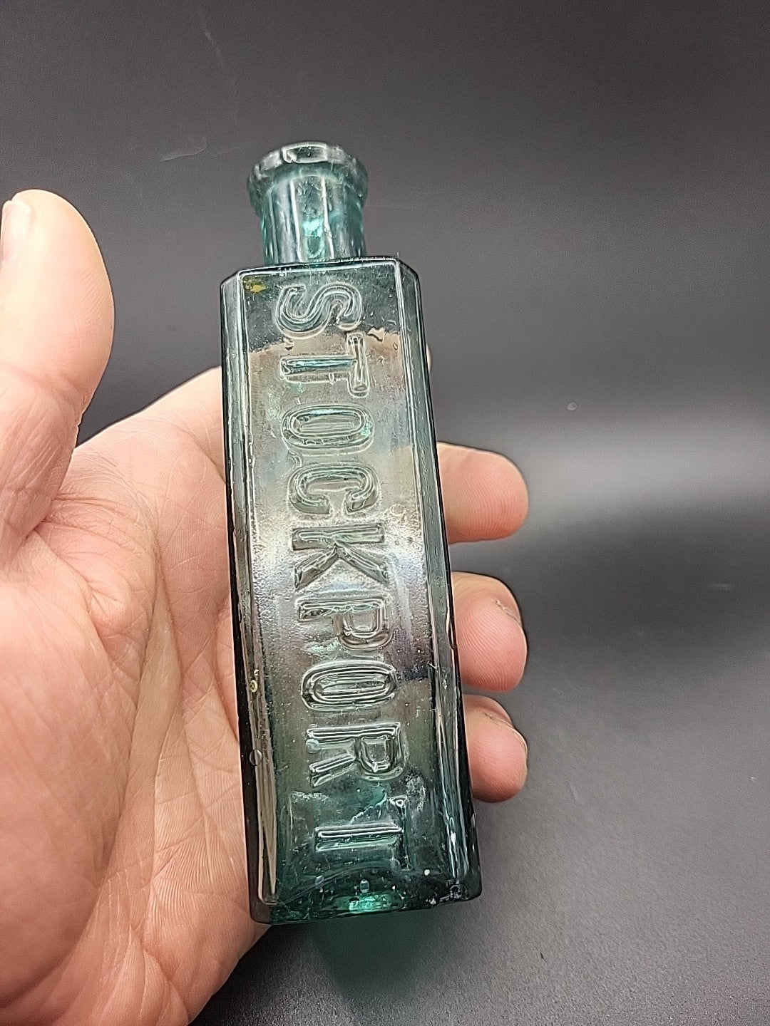 Antique E Barstow & Sons Stockport Chemist Bottle c1880 Embossed Aqua Glass