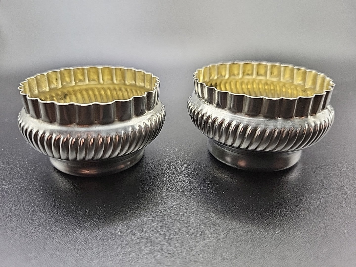 Antique Sterling Silver Salt Cellars Pair 1892 William Aitken Gilt Bowls