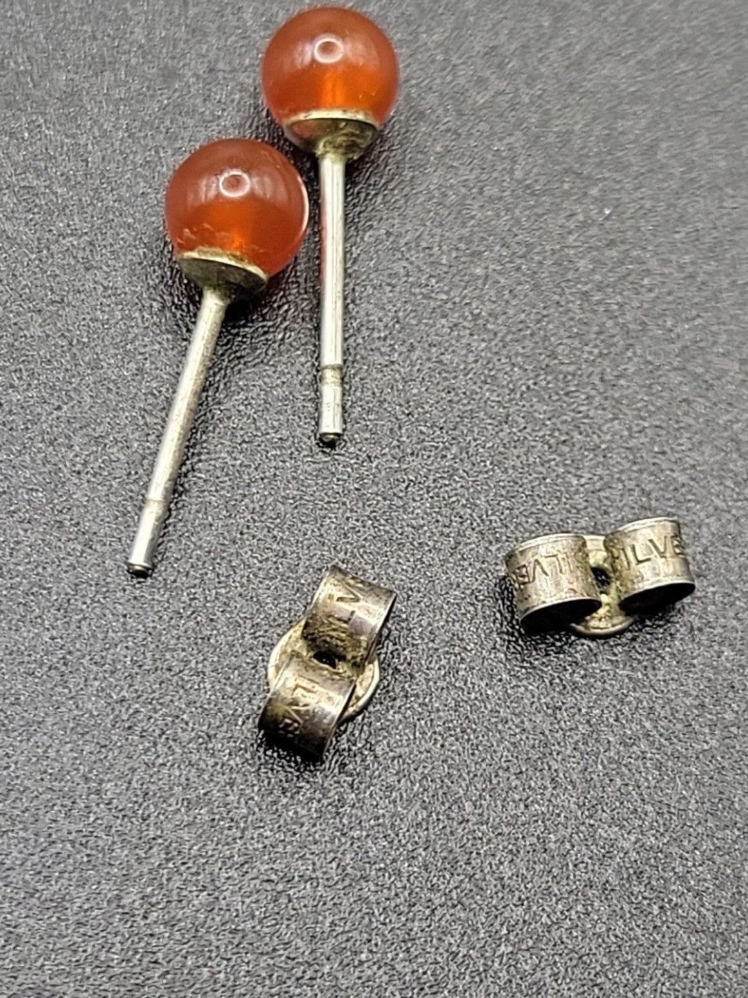 Vintage Sterling Silver Stud Earrings Orange Stone Carnelian Style