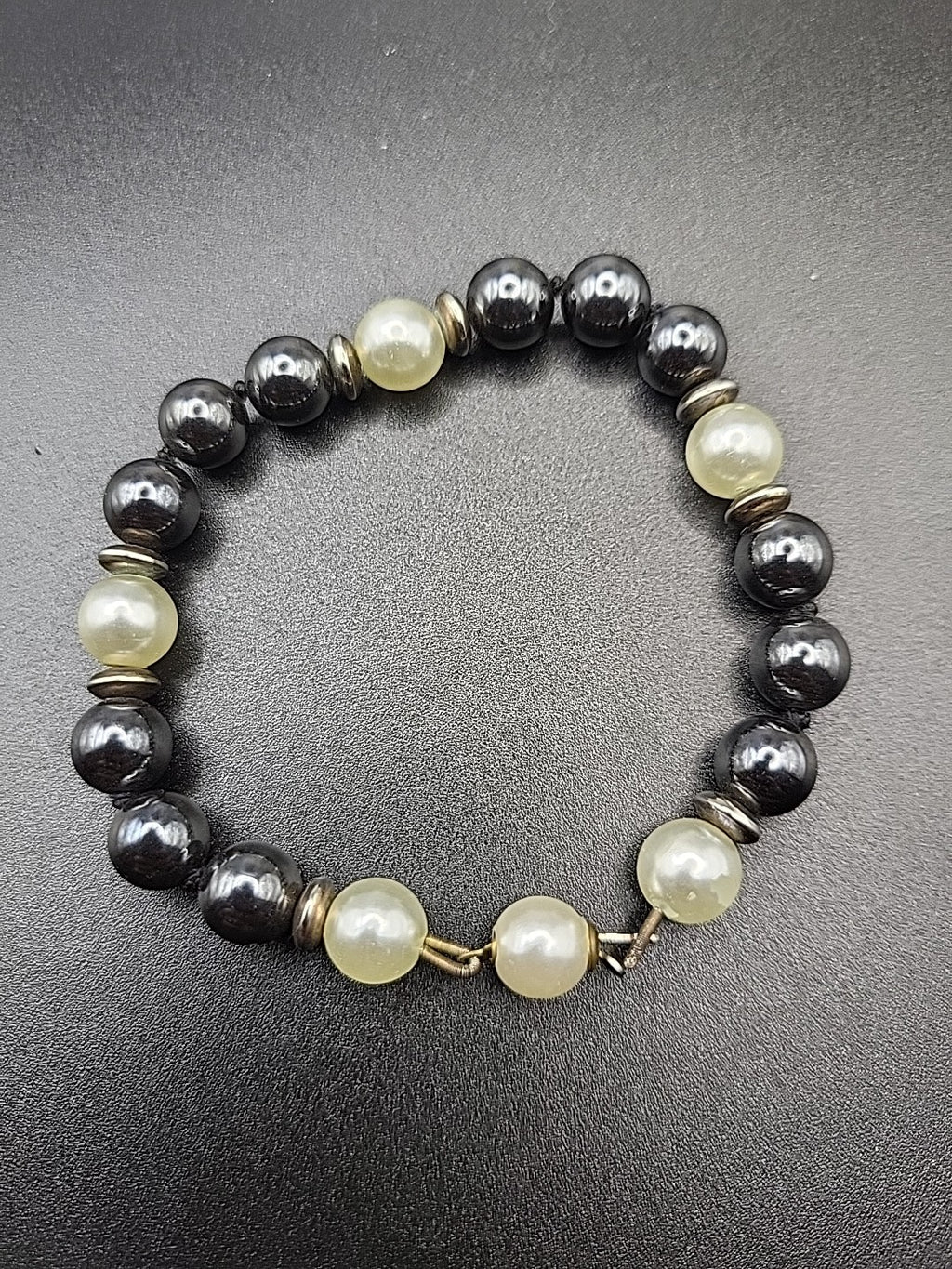 Vintage Black Bead & Faux Pearl Bracelet Classic Elegant Design