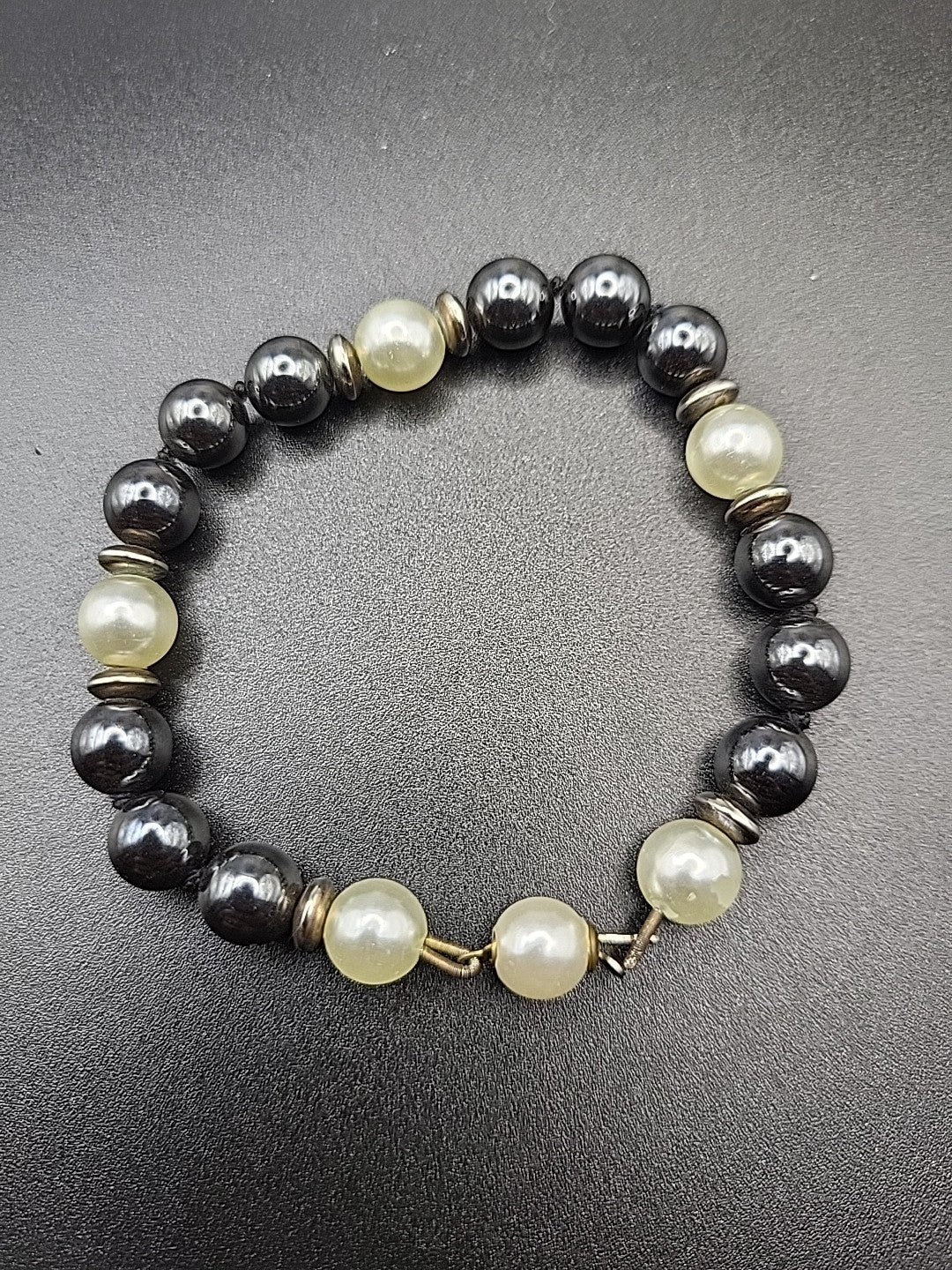 Vintage Black Bead & Faux Pearl Bracelet Classic Elegant Design