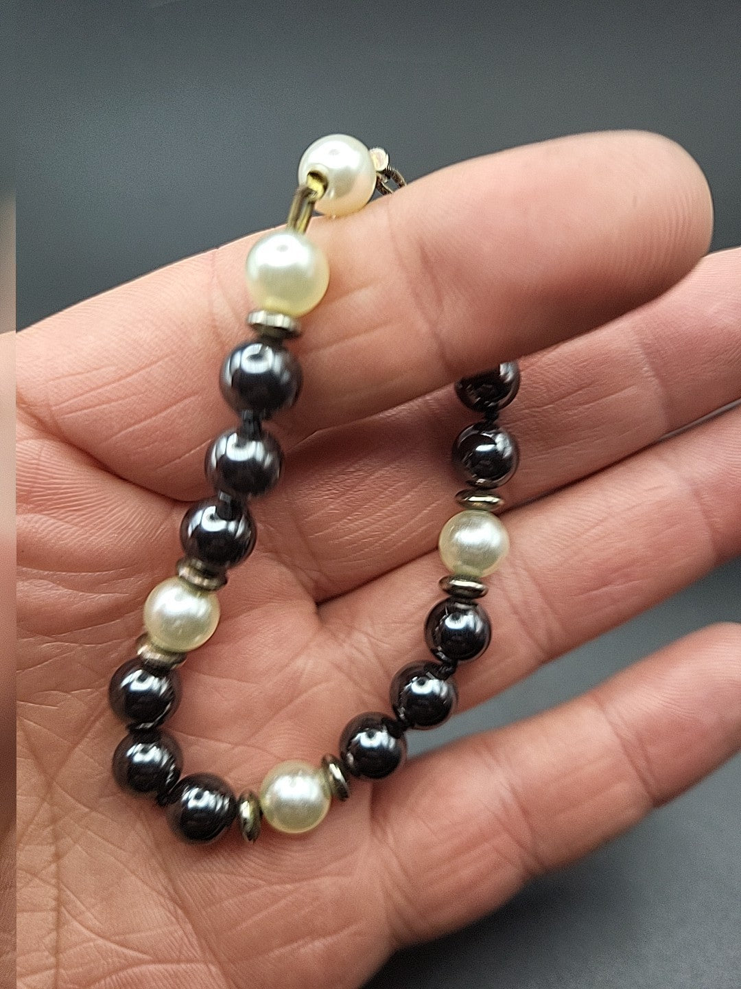 Vintage Black Bead & Faux Pearl Bracelet Classic Elegant Design