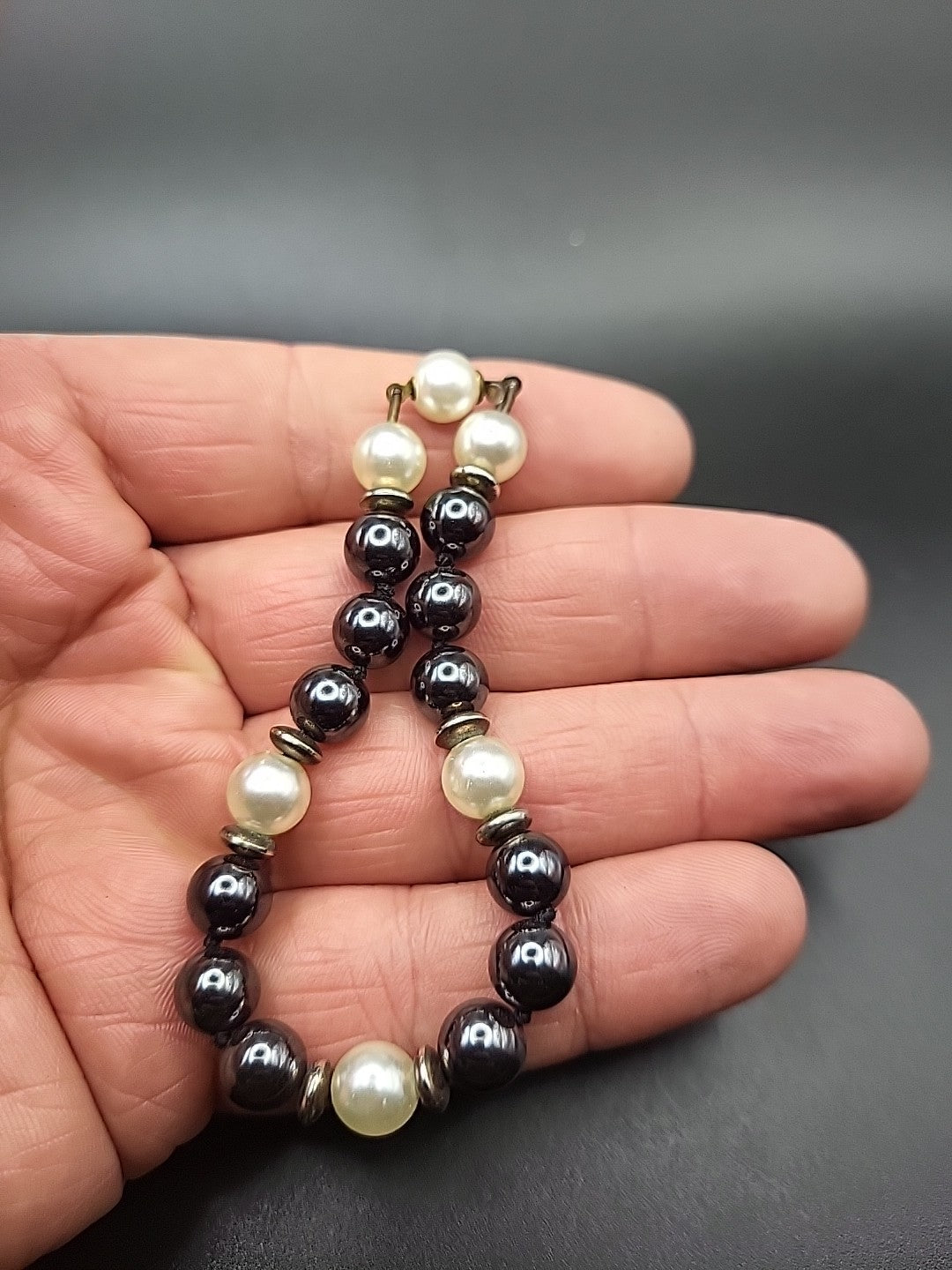 Vintage Black Bead & Faux Pearl Bracelet Classic Elegant Design