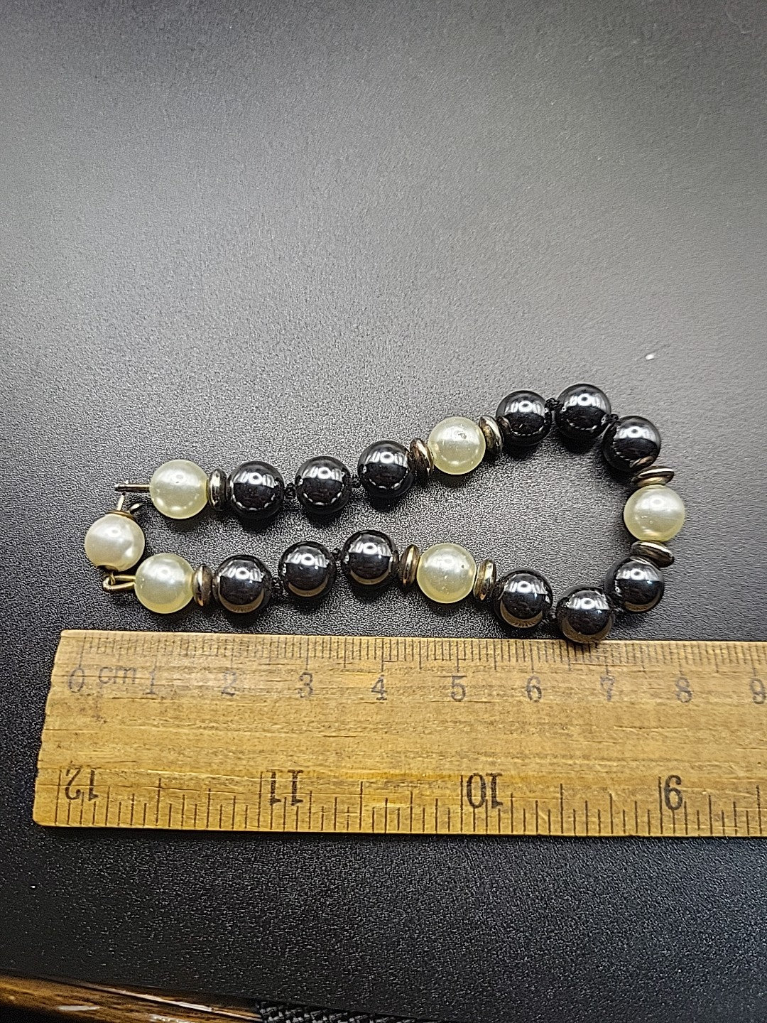 Vintage Black Bead & Faux Pearl Bracelet Classic Elegant Design