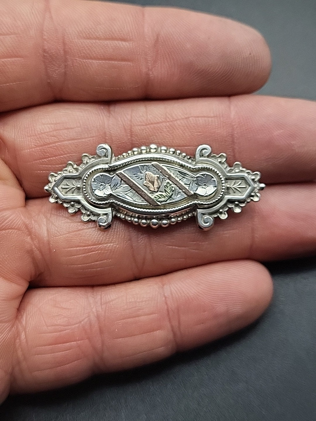 Antique Sterling Silver Gold On Silver Floral Sweetheart Brooch Tri Colour