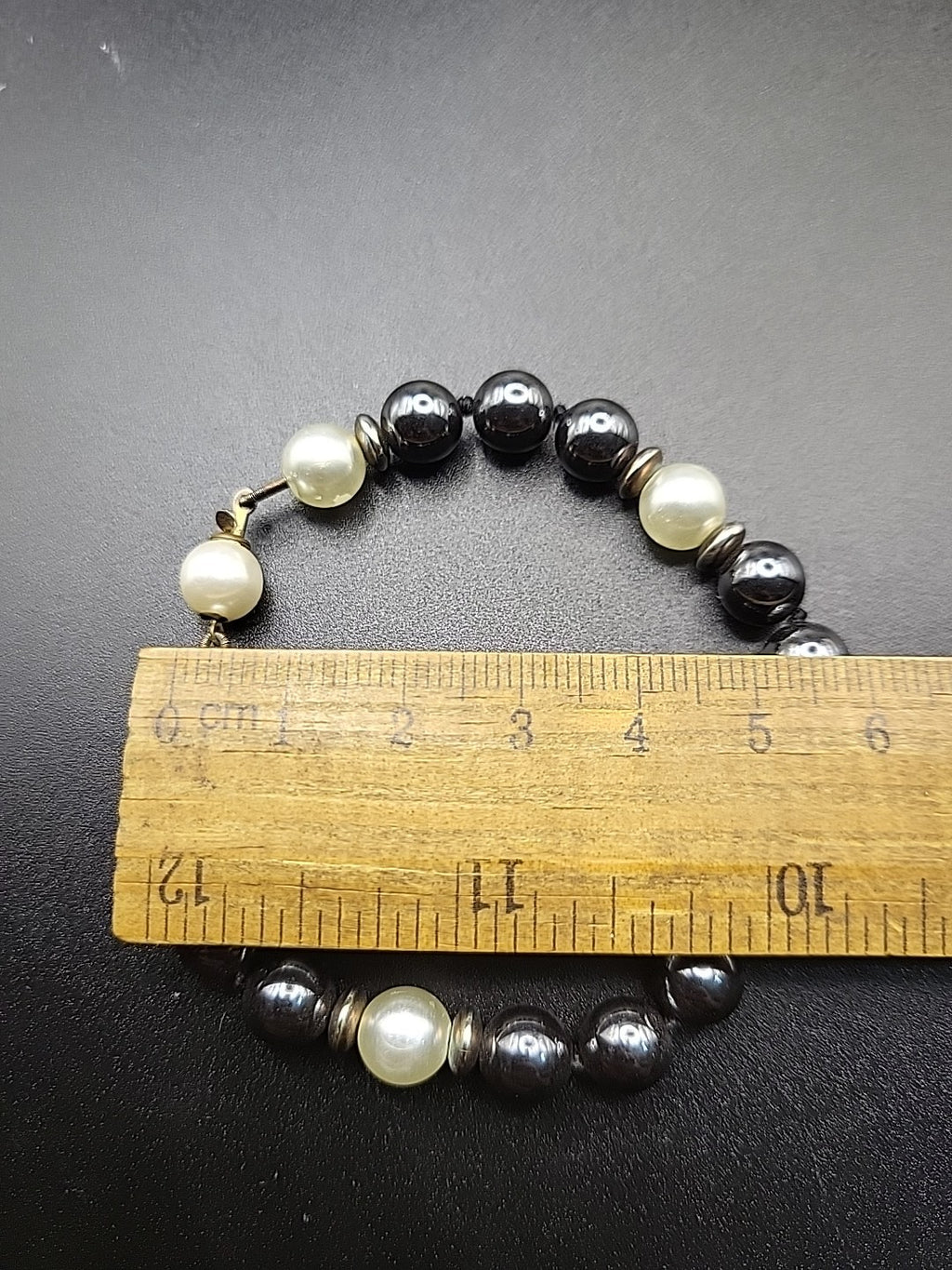 Vintage Black Bead & Faux Pearl Bracelet Classic Elegant Design