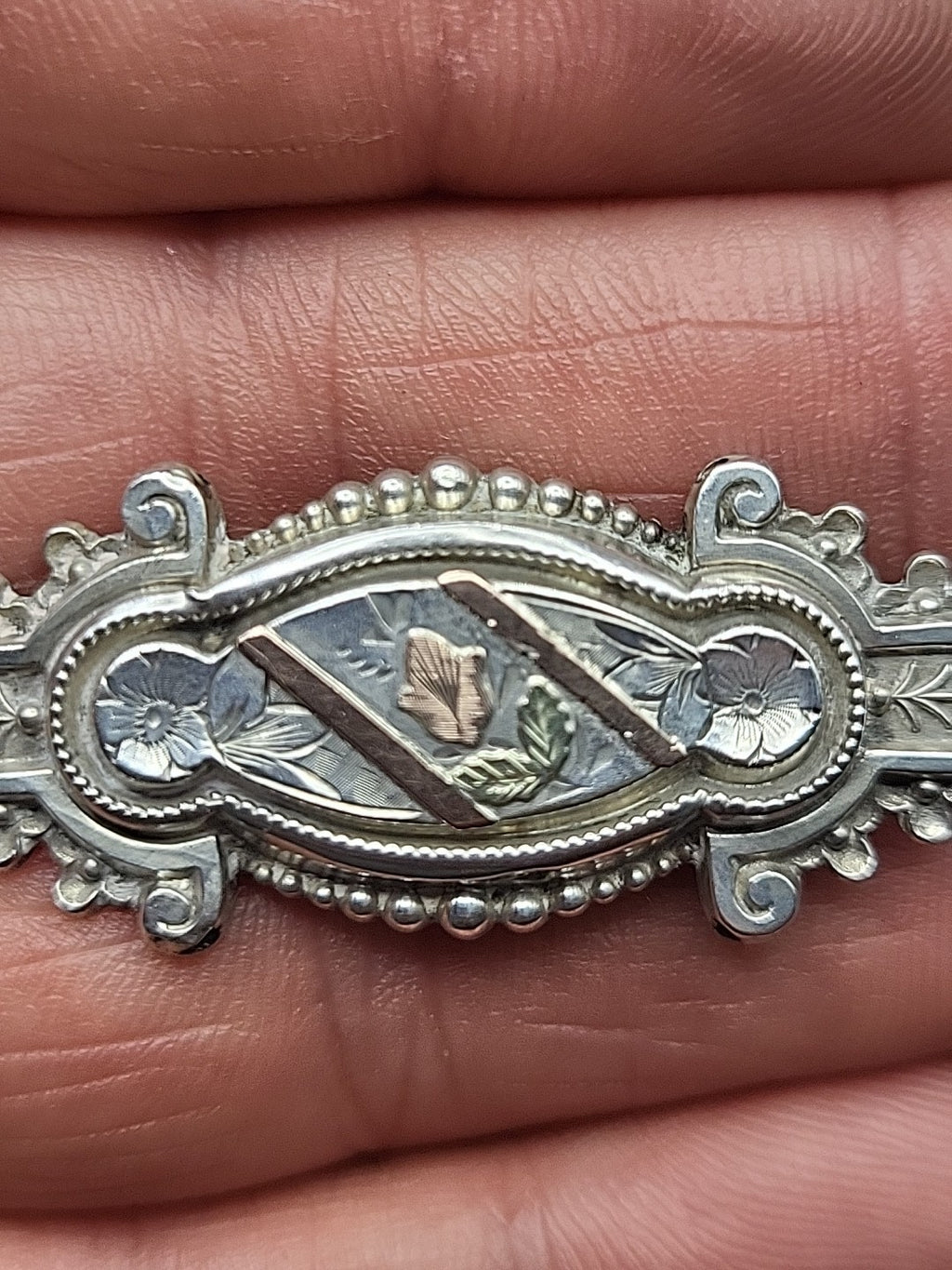 Antique Sterling Silver Gold On Silver Floral Sweetheart Brooch Tri Colour