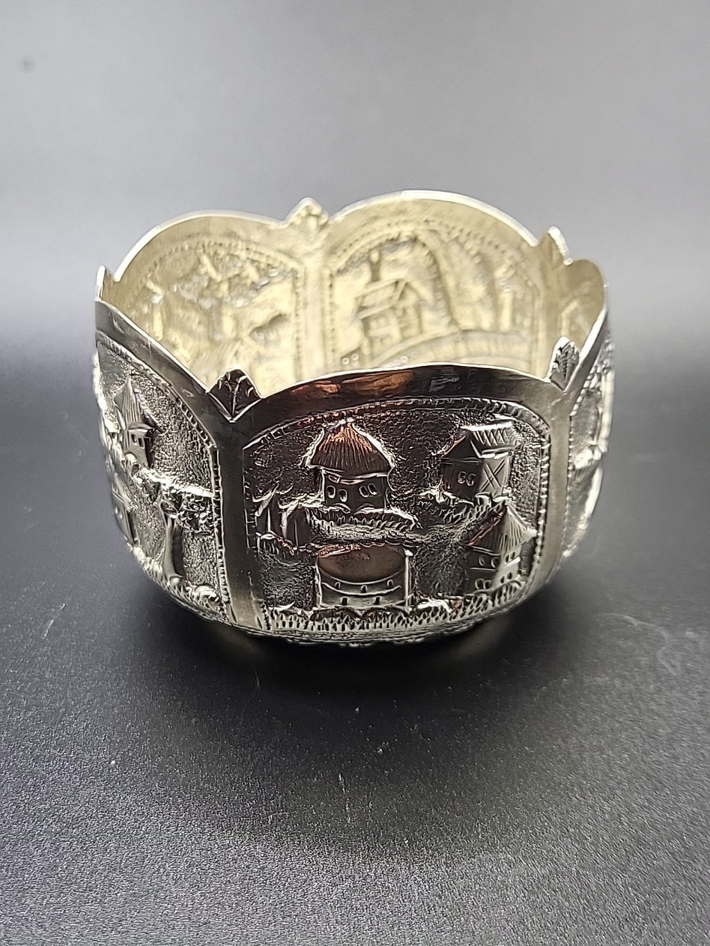 800 Silver Decorative Bowl Village Scene Embossed Continental Export 42.8g