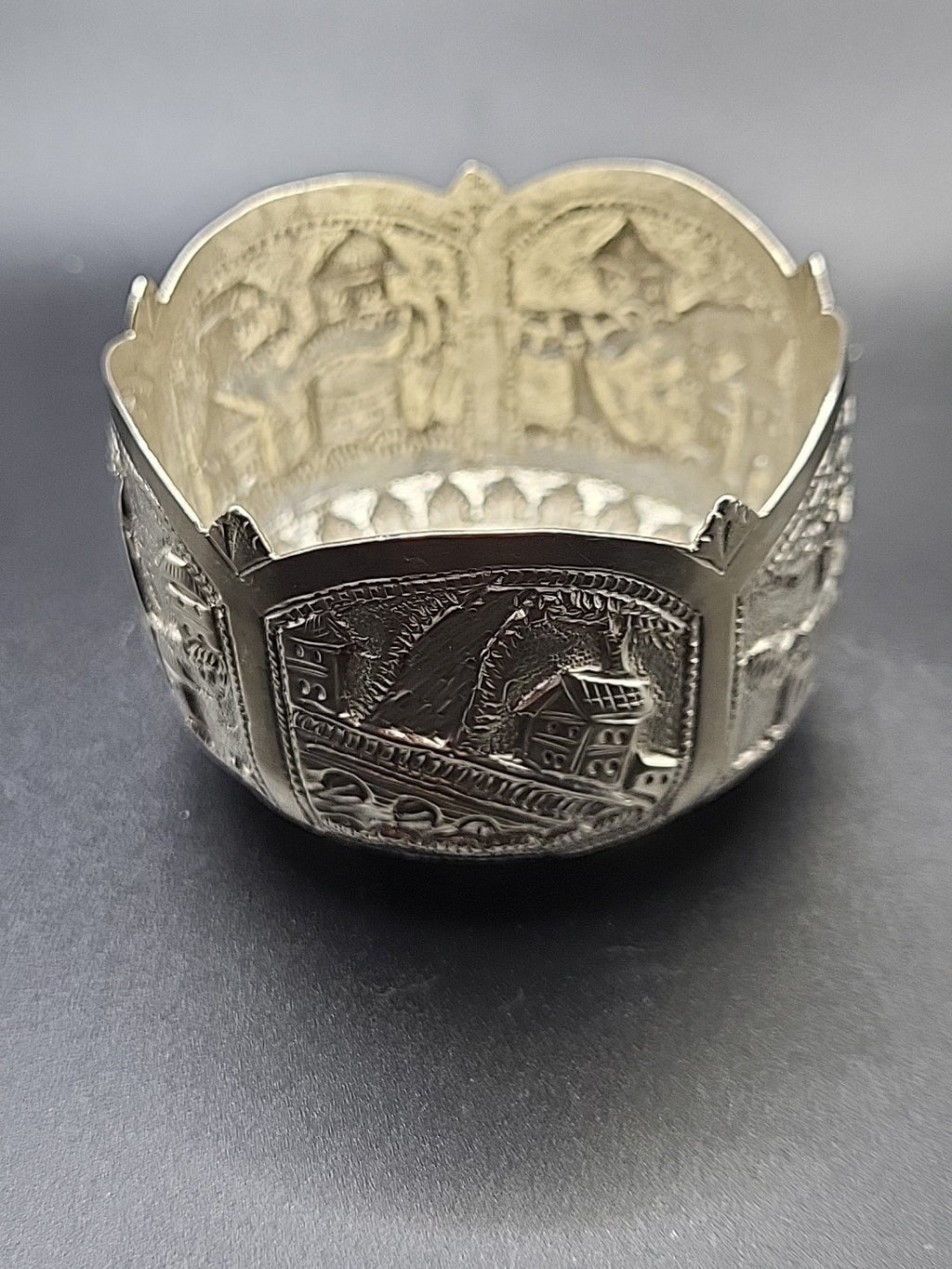 800 Silver Decorative Bowl Village Scene Embossed Continental Export 42.8g