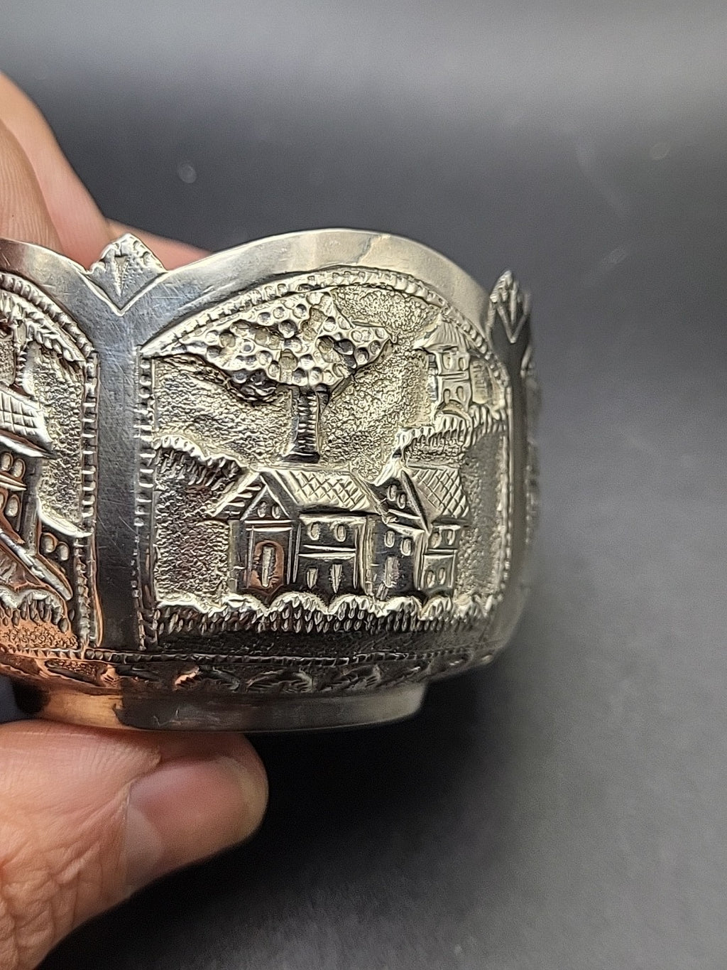 800 Silver Decorative Bowl Village Scene Embossed Continental Export 42.8g