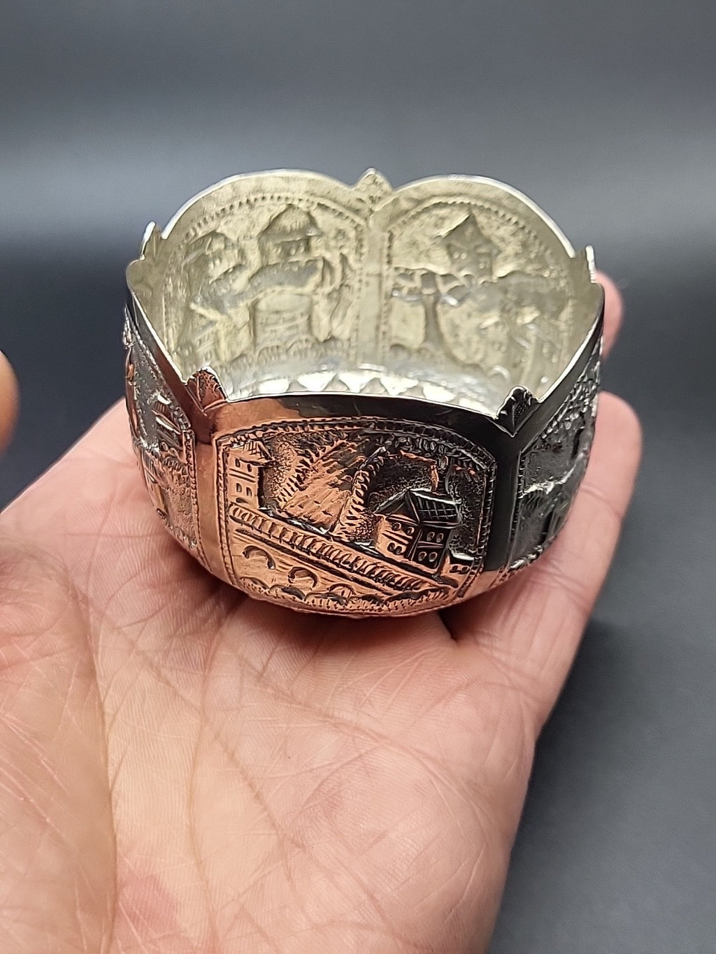 800 Silver Decorative Bowl Village Scene Embossed Continental Export 42.8g