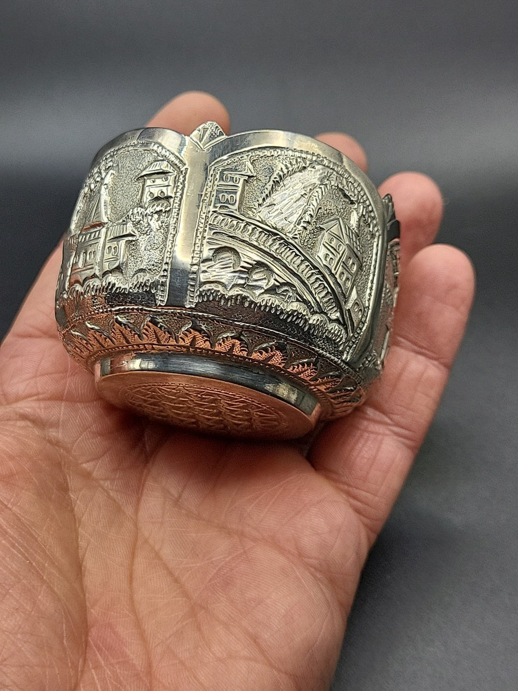 800 Silver Decorative Bowl Village Scene Embossed Continental Export 42.8g