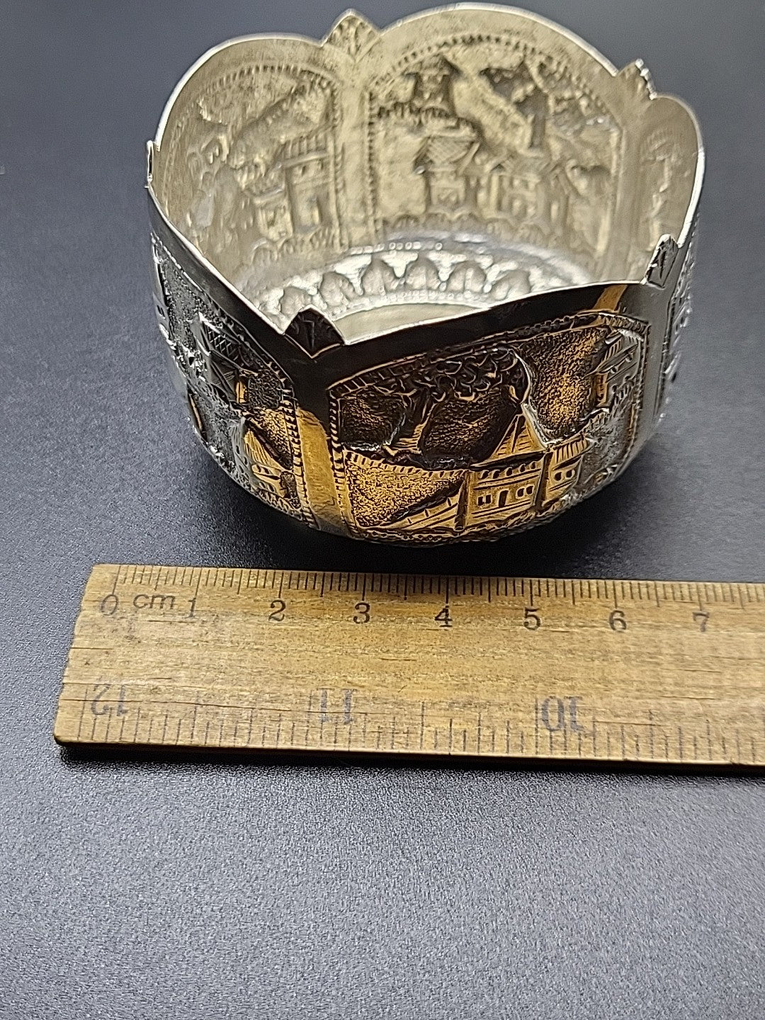 800 Silver Decorative Bowl Village Scene Embossed Continental Export 42.8g