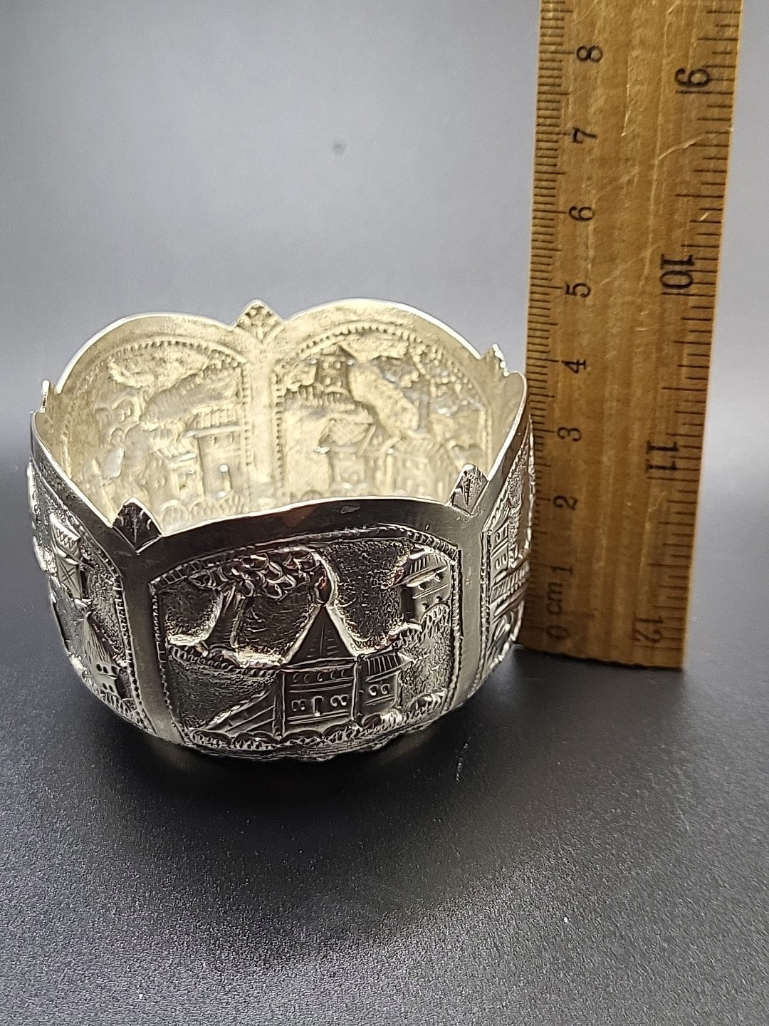 800 Silver Decorative Bowl Village Scene Embossed Continental Export 42.8g