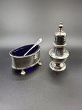 1922 Sterling Silver Salt & Pepper Set Adie Brothers Blue Glass Liners