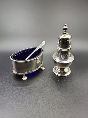 1922 Sterling Silver Salt & Pepper Set Adie Brothers Blue Glass Liners