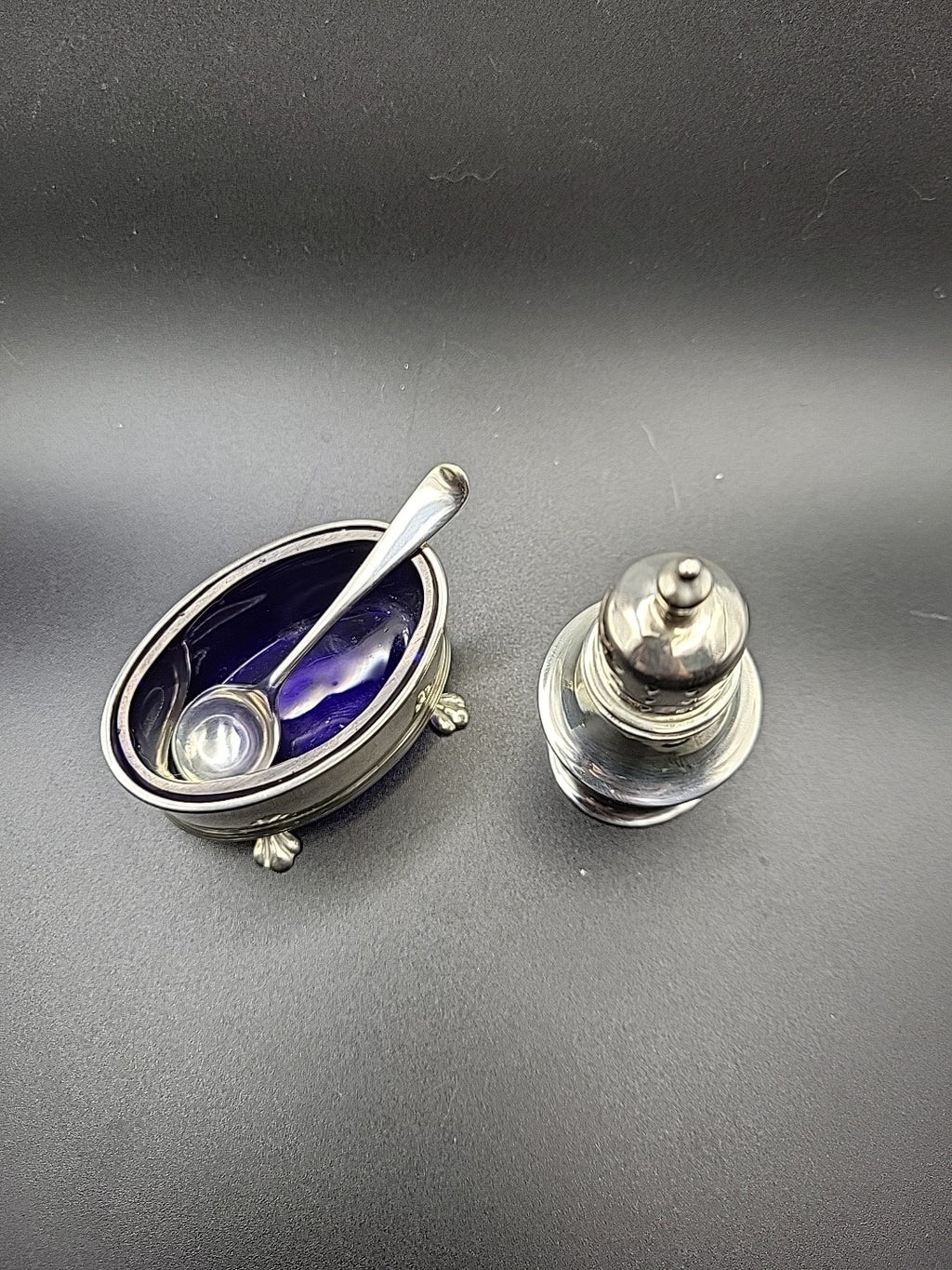1922 Sterling Silver Salt & Pepper Set Adie Brothers Blue Glass Liners