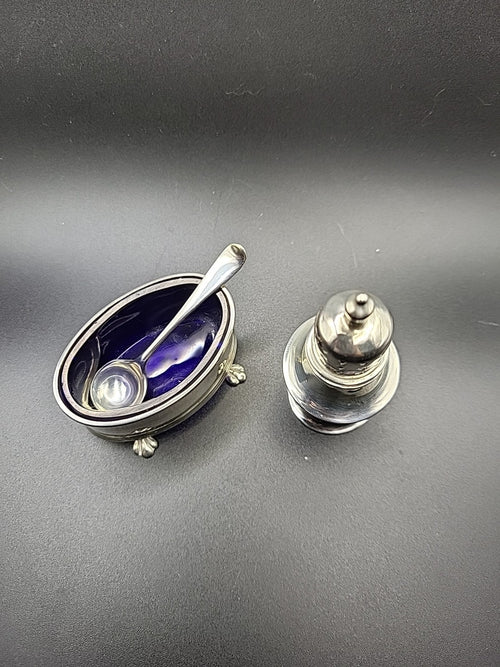 1922 Sterling Silver Salt & Pepper Set Adie Brothers Blue Glass Liners