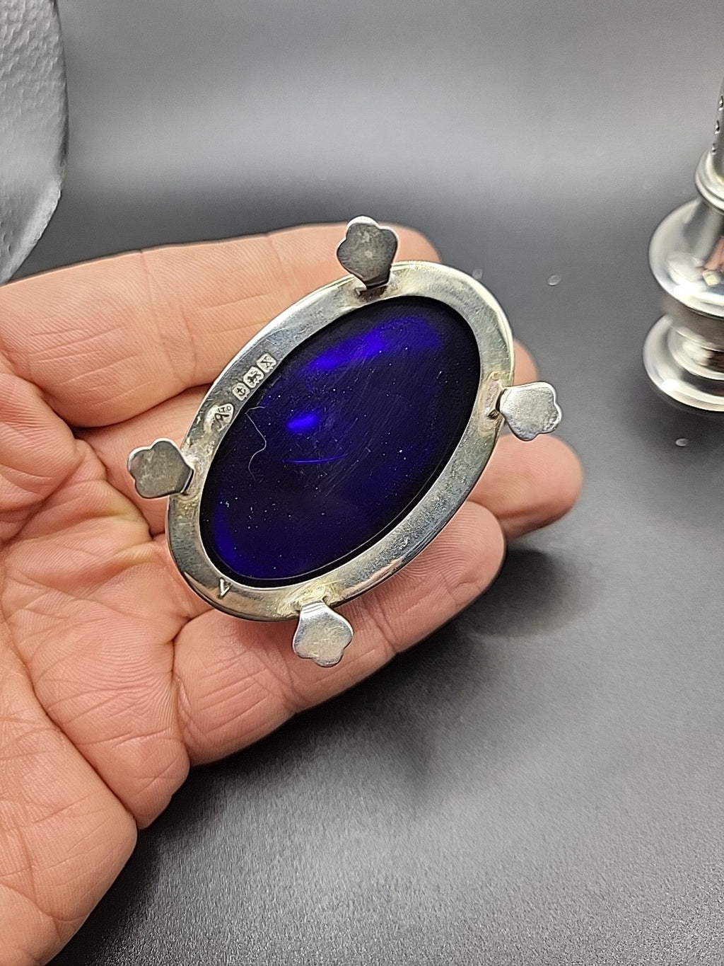 1922 Sterling Silver Salt & Pepper Set Adie Brothers Blue Glass Liners