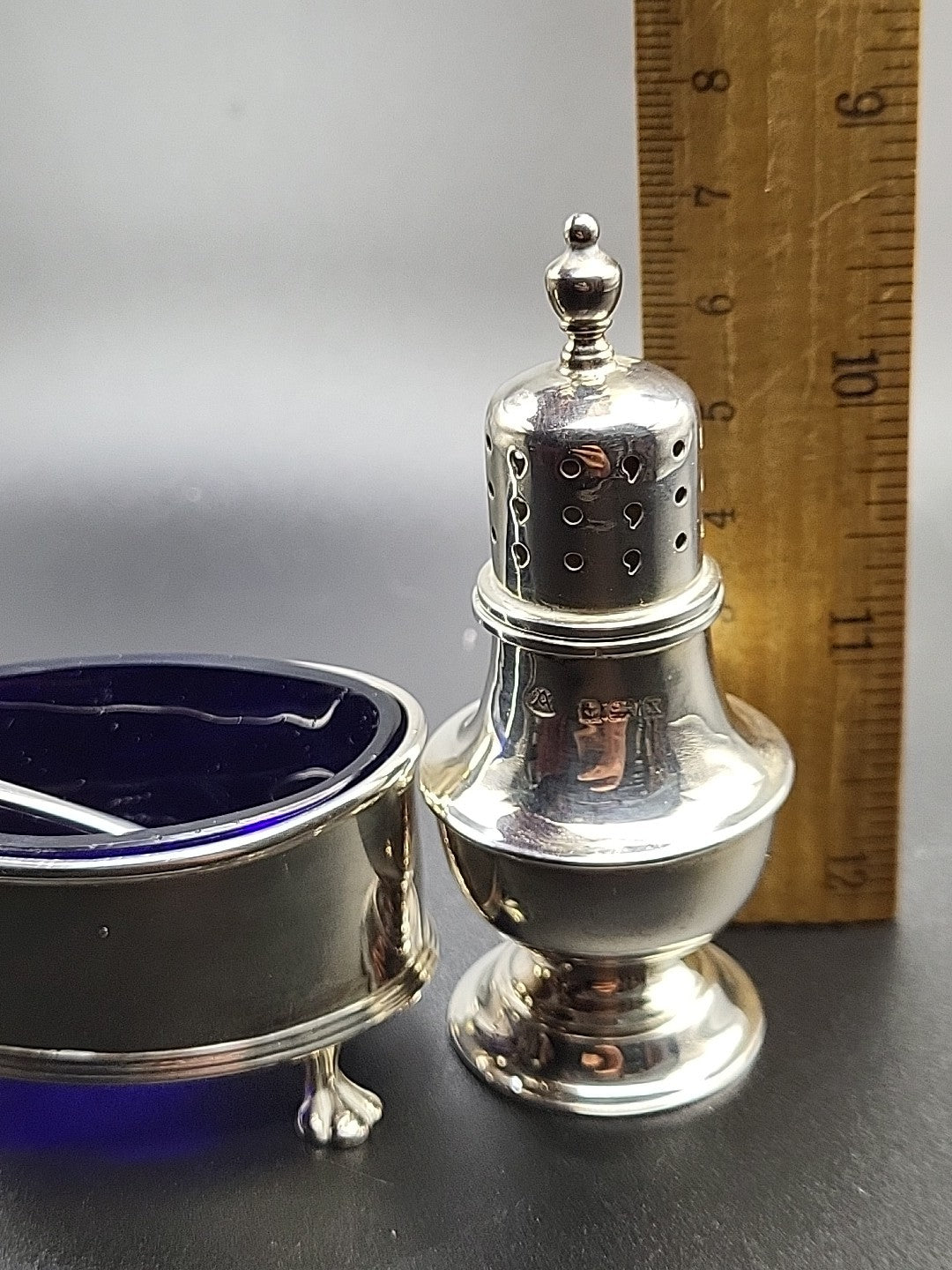 1922 Sterling Silver Salt & Pepper Set Adie Brothers Blue Glass Liners