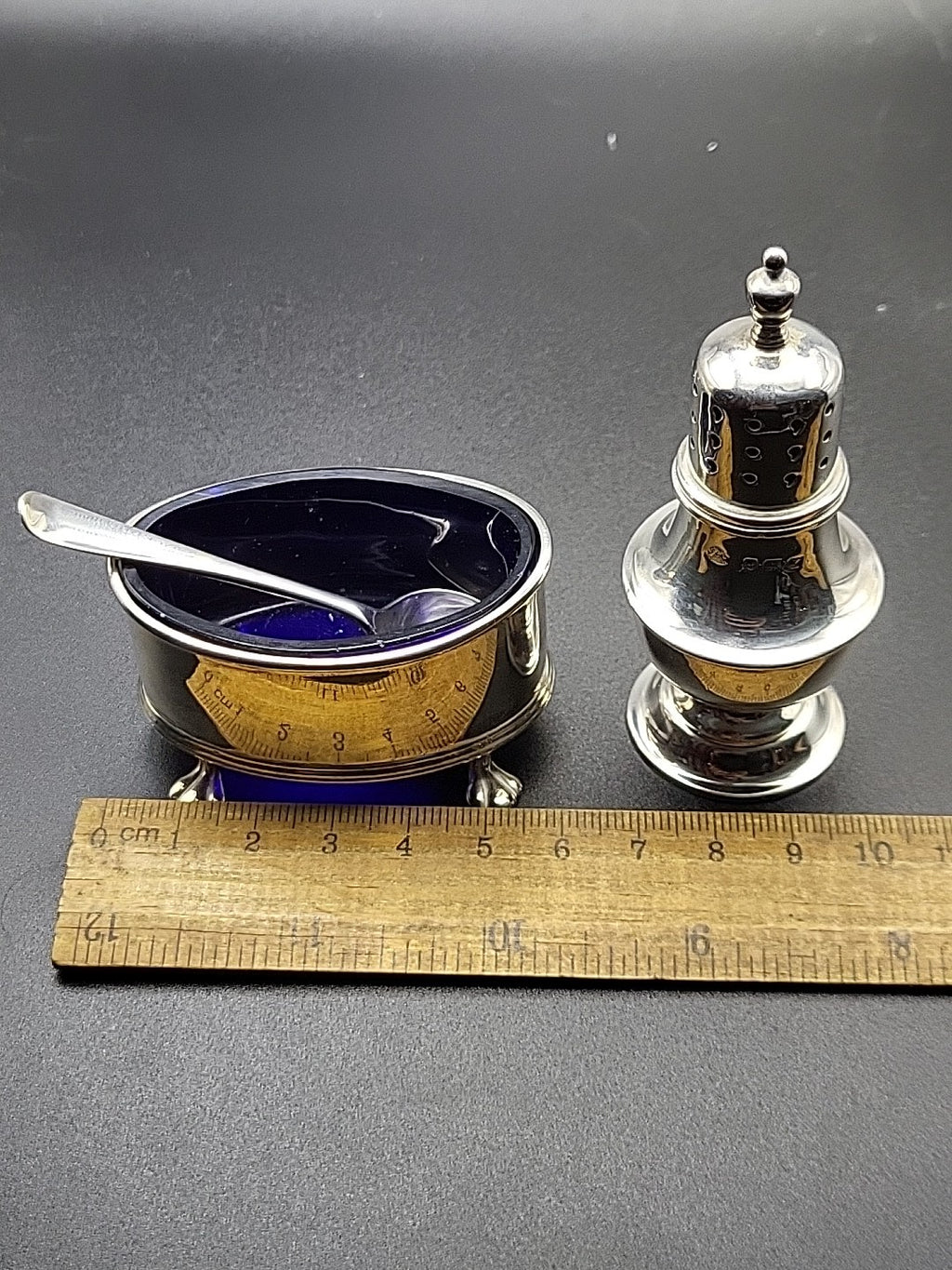 1922 Sterling Silver Salt & Pepper Set Adie Brothers Blue Glass Liners