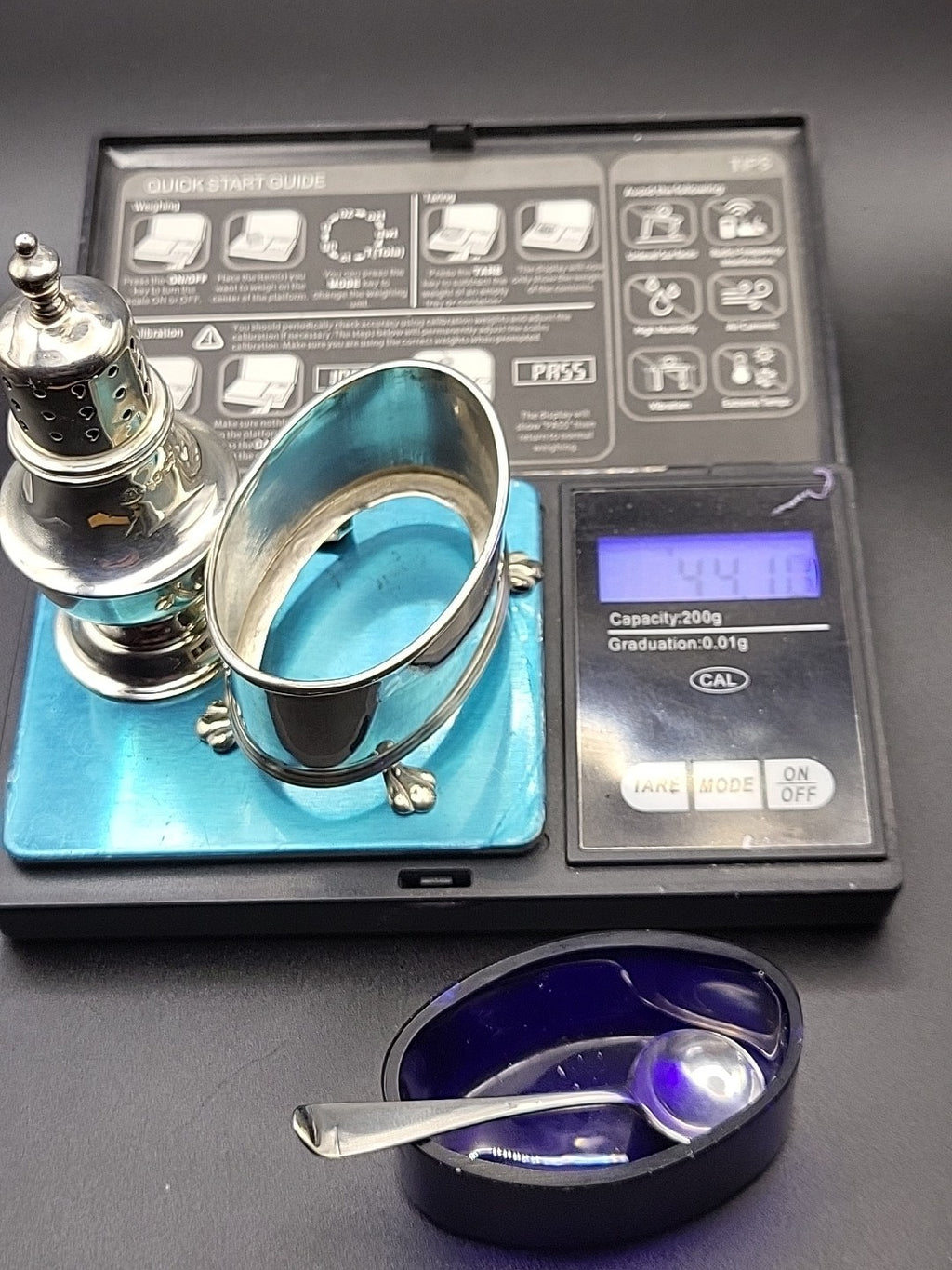 1922 Sterling Silver Salt & Pepper Set Adie Brothers Blue Glass Liners
