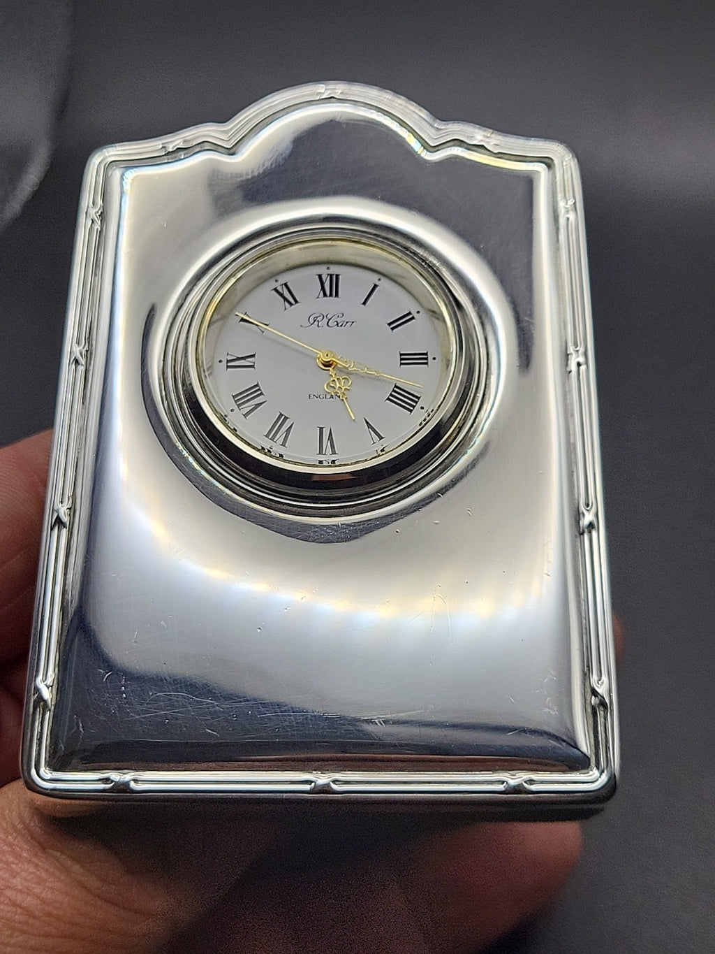 1995 Sterling Silver Desk Clock R Carr Working Quartz No Dents  Fresh Batt