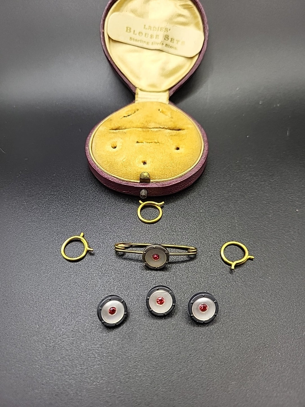 Vintage Ladies Blouse Set Sterling Silver Rim Dress Studs Original Case
