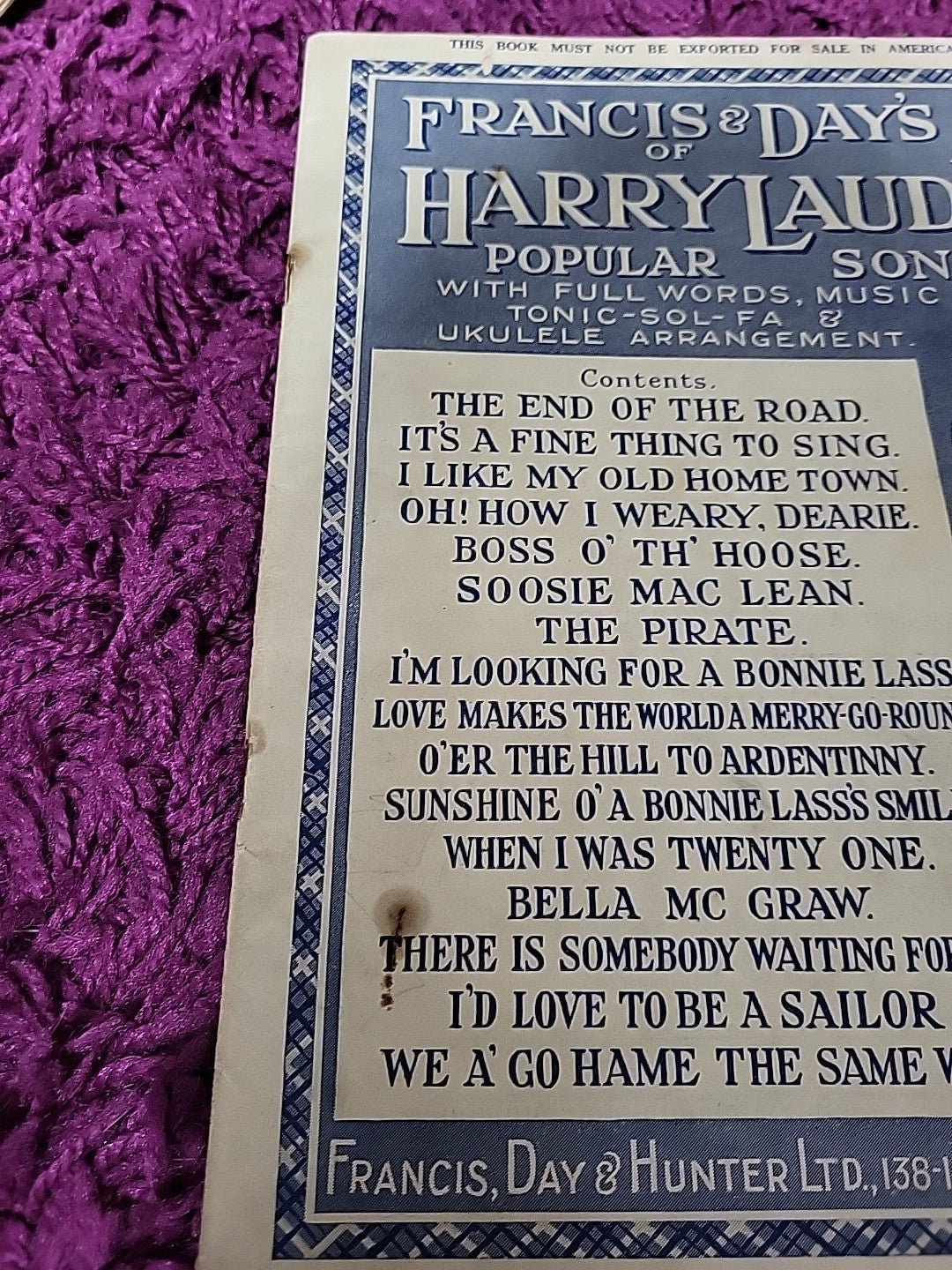 Francis & Day's 5th Album of Harry Lauder's Popular Songs c1916 Song Book