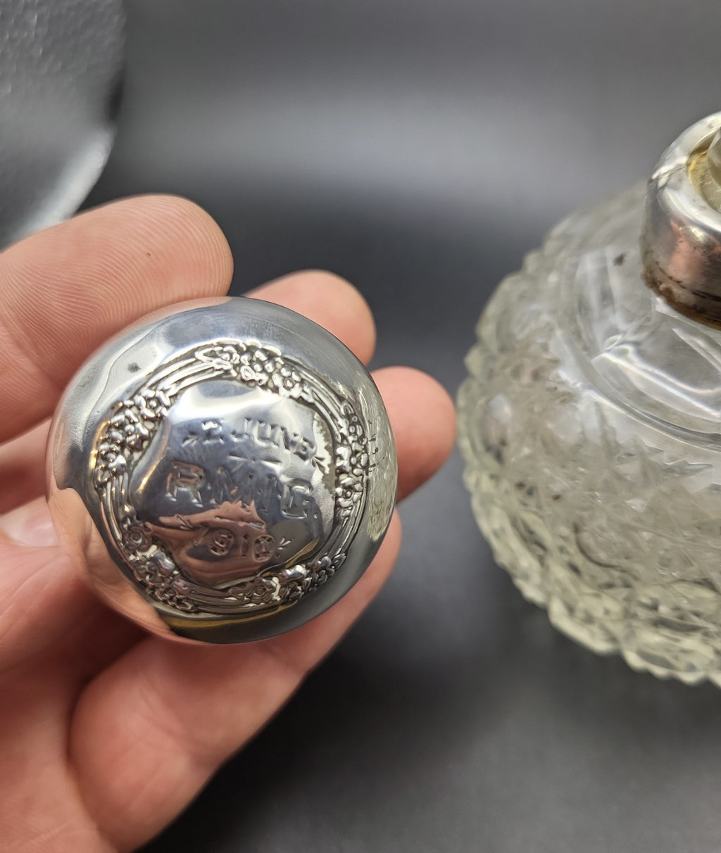 1909 Antique Cut Glass Perfume Bottle with Hallmarked Sterling Silver Lid
