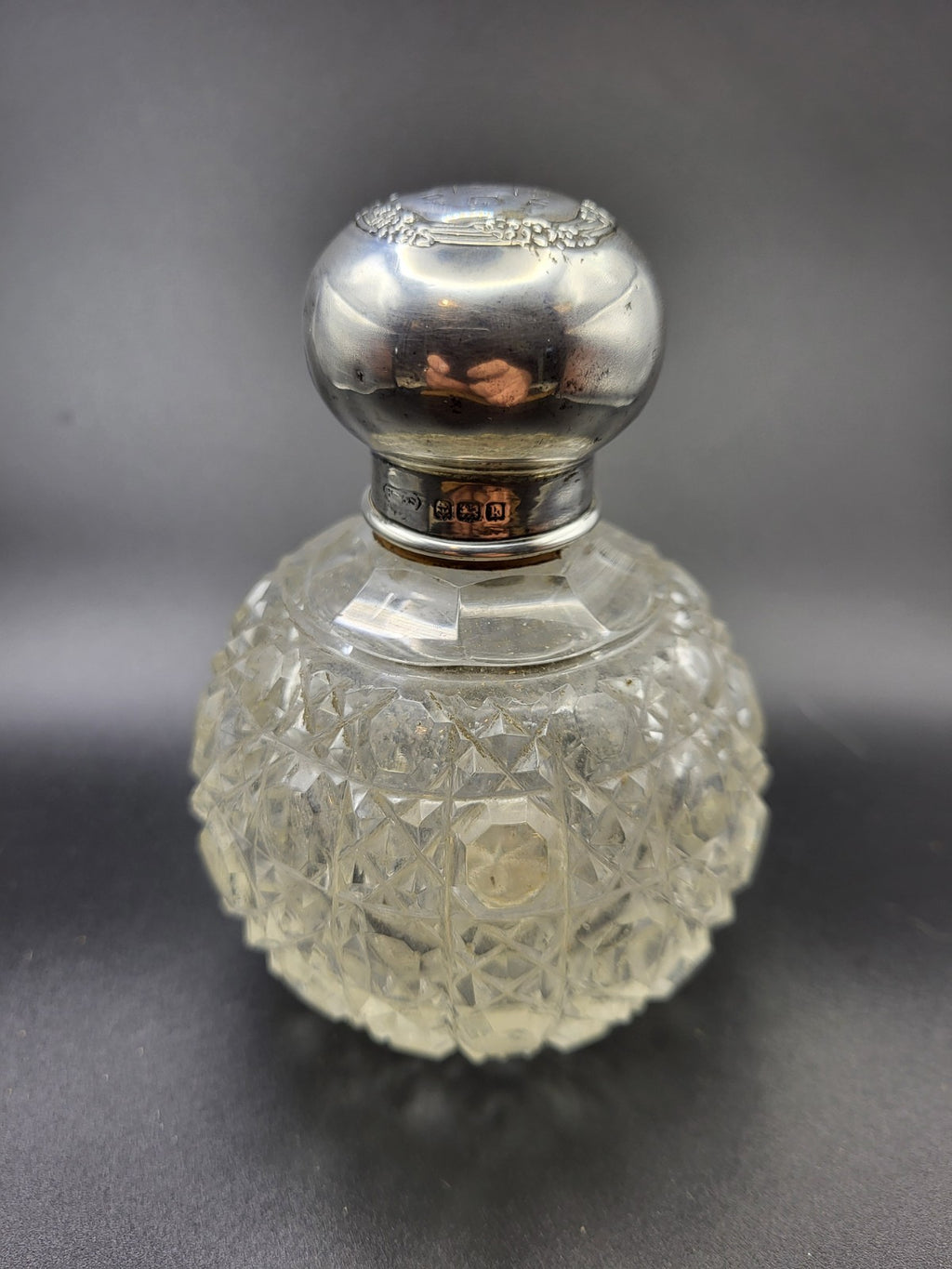 1909 Antique Cut Glass Perfume Bottle with Hallmarked Sterling Silver Lid