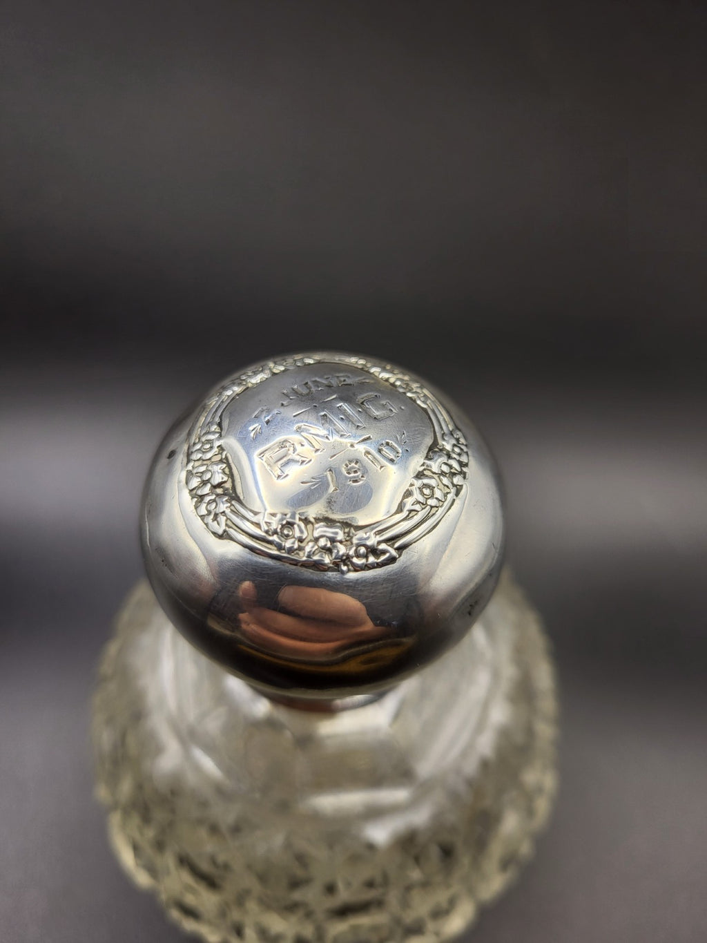 1909 Antique Cut Glass Perfume Bottle with Hallmarked Sterling Silver Lid