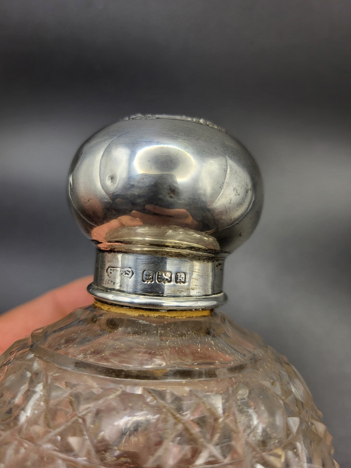 1909 Antique Cut Glass Perfume Bottle with Hallmarked Sterling Silver Lid