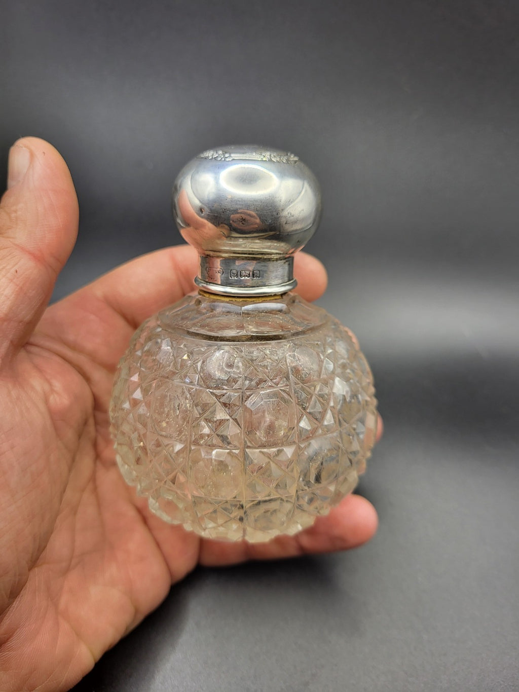1909 Antique Cut Glass Perfume Bottle with Hallmarked Sterling Silver Lid