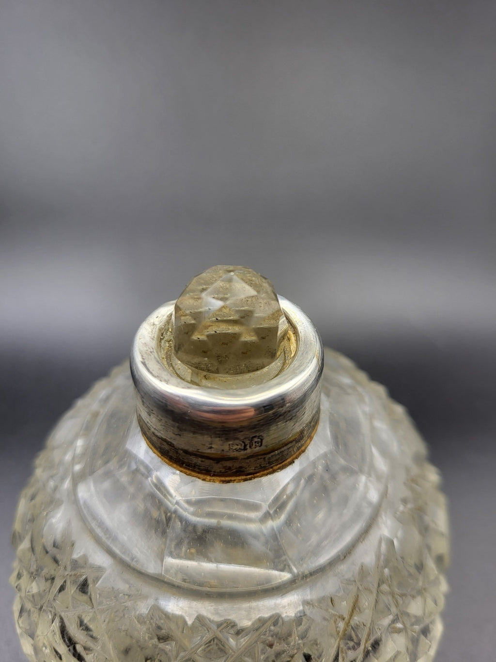 1909 Antique Cut Glass Perfume Bottle with Hallmarked Sterling Silver Lid