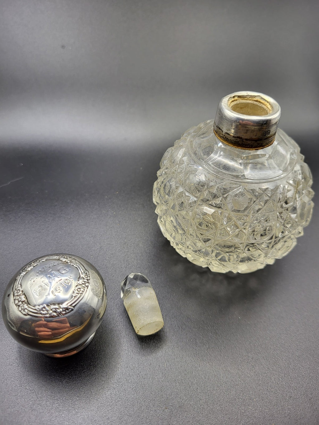 1909 Antique Cut Glass Perfume Bottle with Hallmarked Sterling Silver Lid