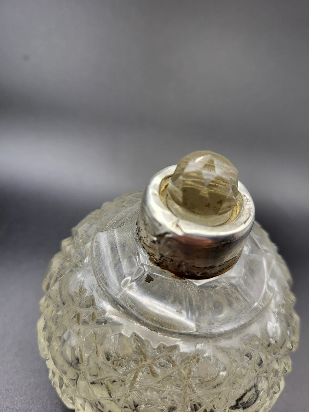 1909 Antique Cut Glass Perfume Bottle with Hallmarked Sterling Silver Lid