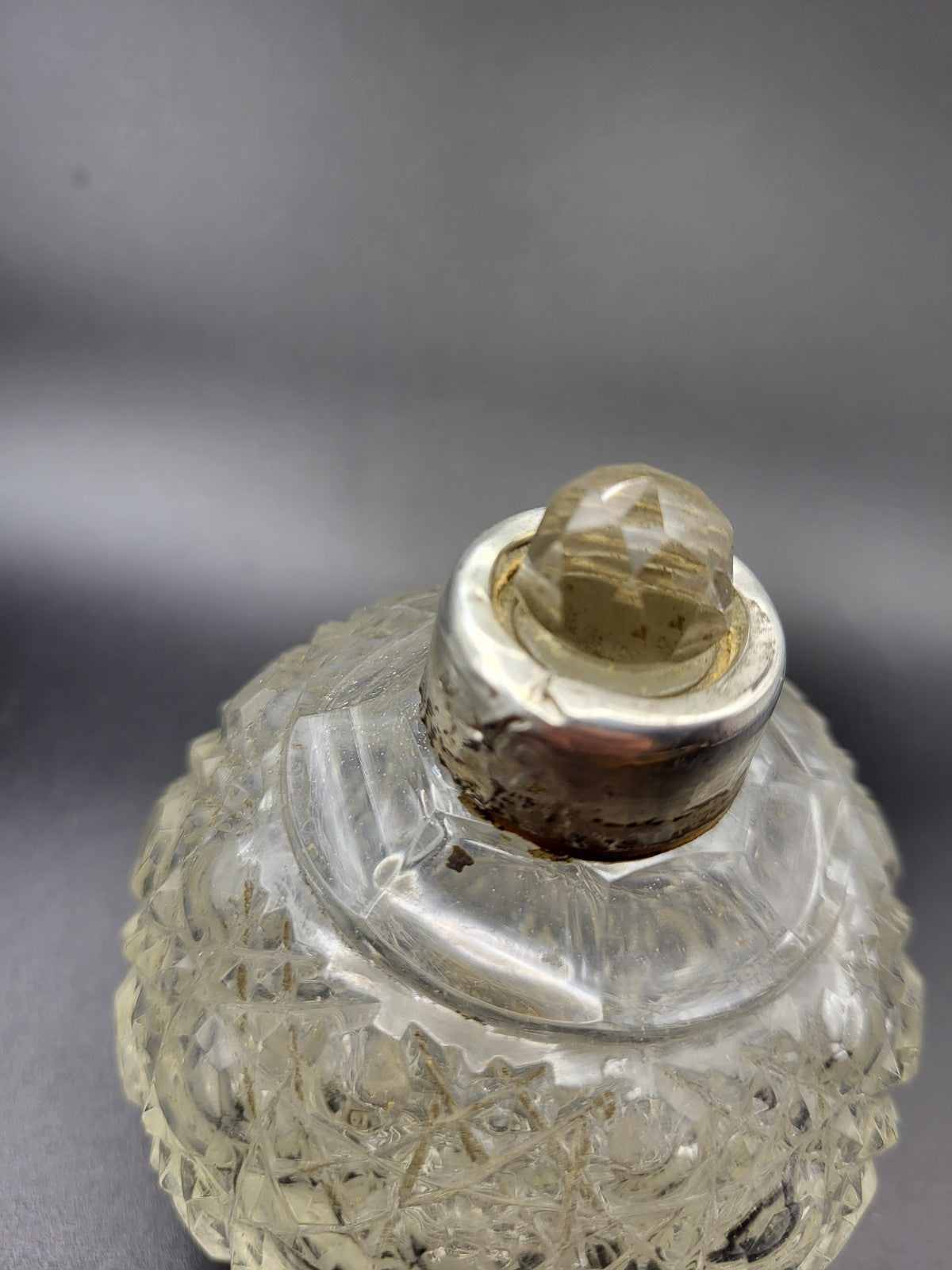1909 Antique Cut Glass Perfume Bottle with Hallmarked Sterling Silver Lid