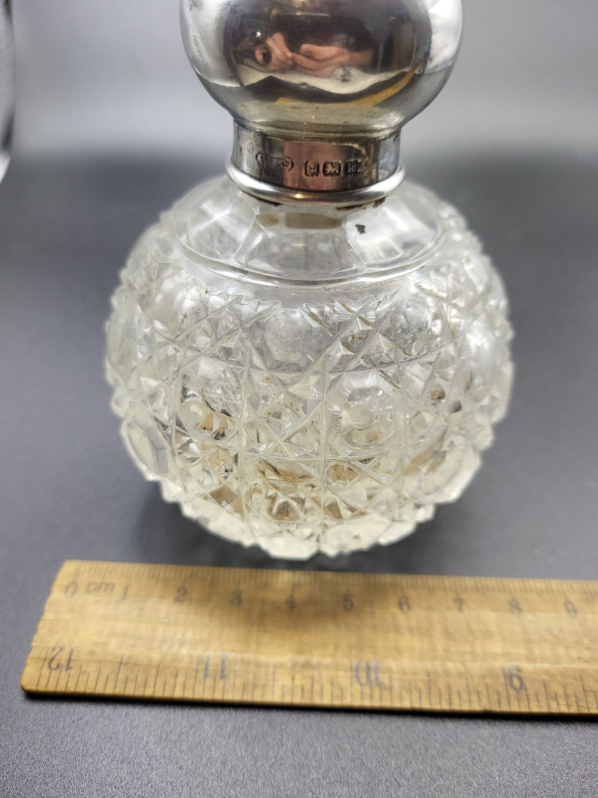 1909 Antique Cut Glass Perfume Bottle with Hallmarked Sterling Silver Lid