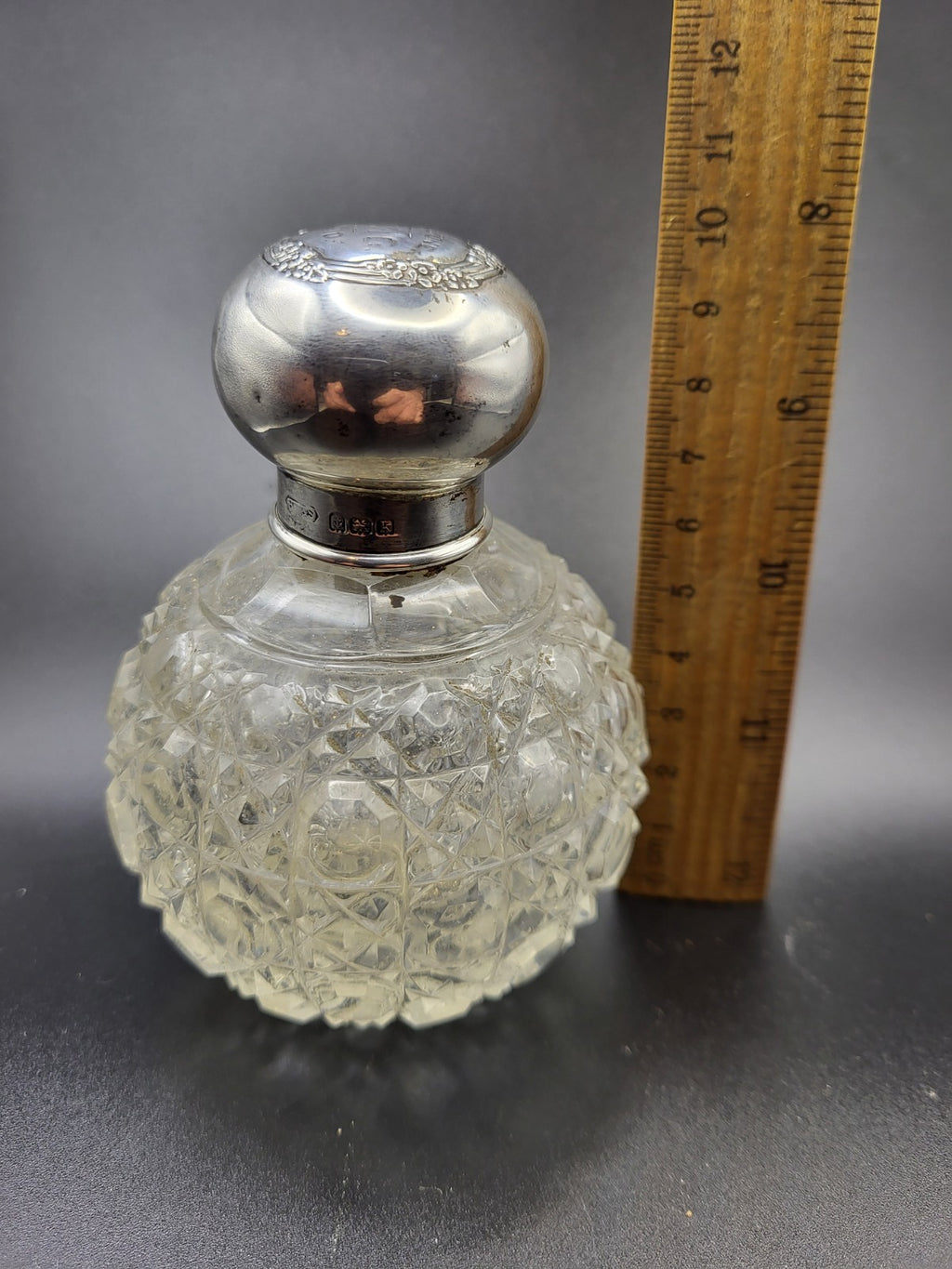 1909 Antique Cut Glass Perfume Bottle with Hallmarked Sterling Silver Lid