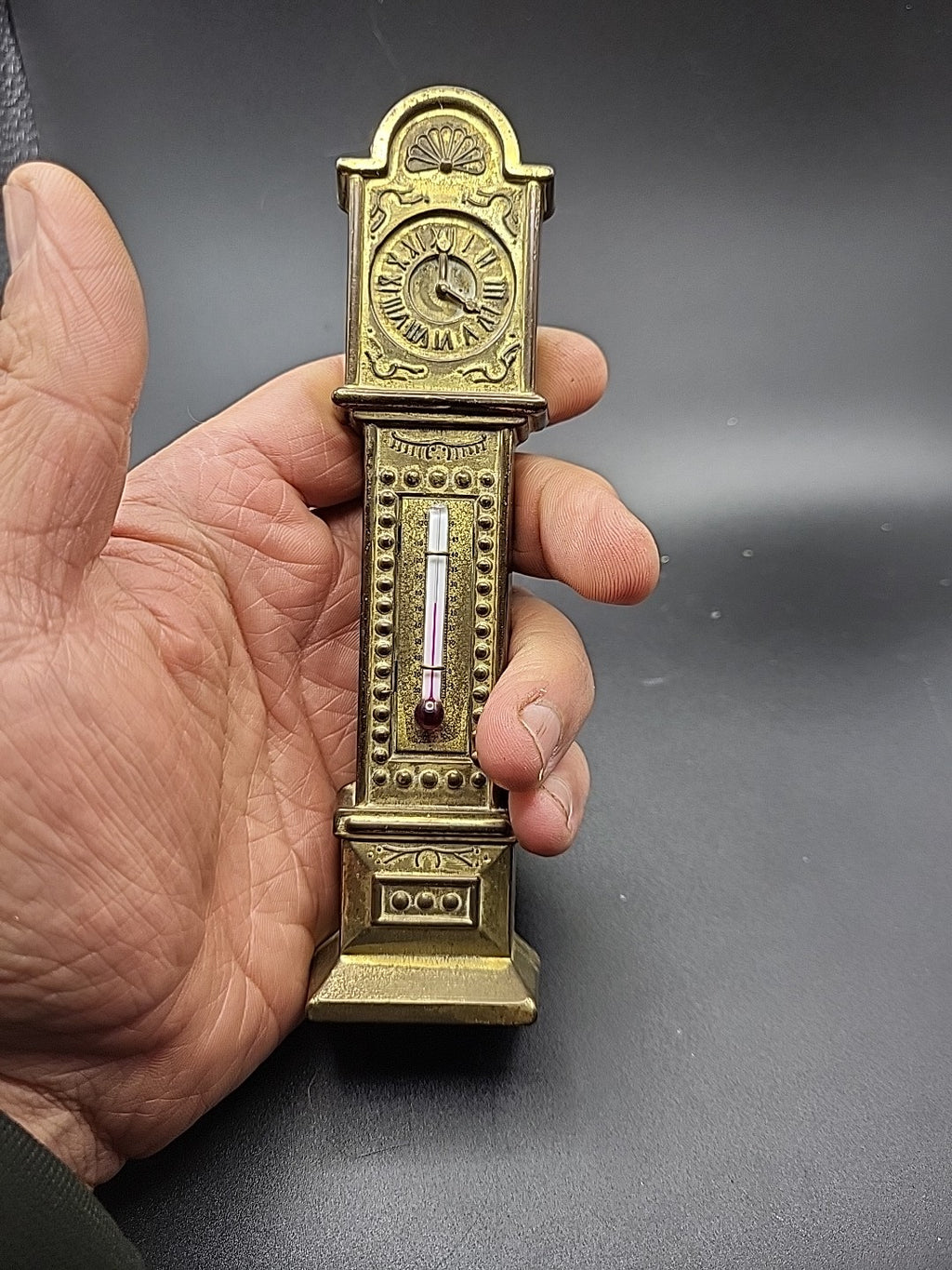 Vintage Brass Grandfather Clock Thermometer England Reg No 873195 Wall Hanging