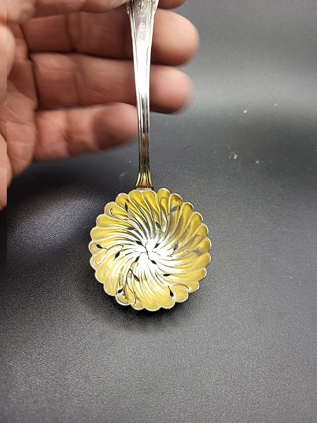 Sterling Silver Tea Strainer Spoon Gilt Bowl Pierced c1900